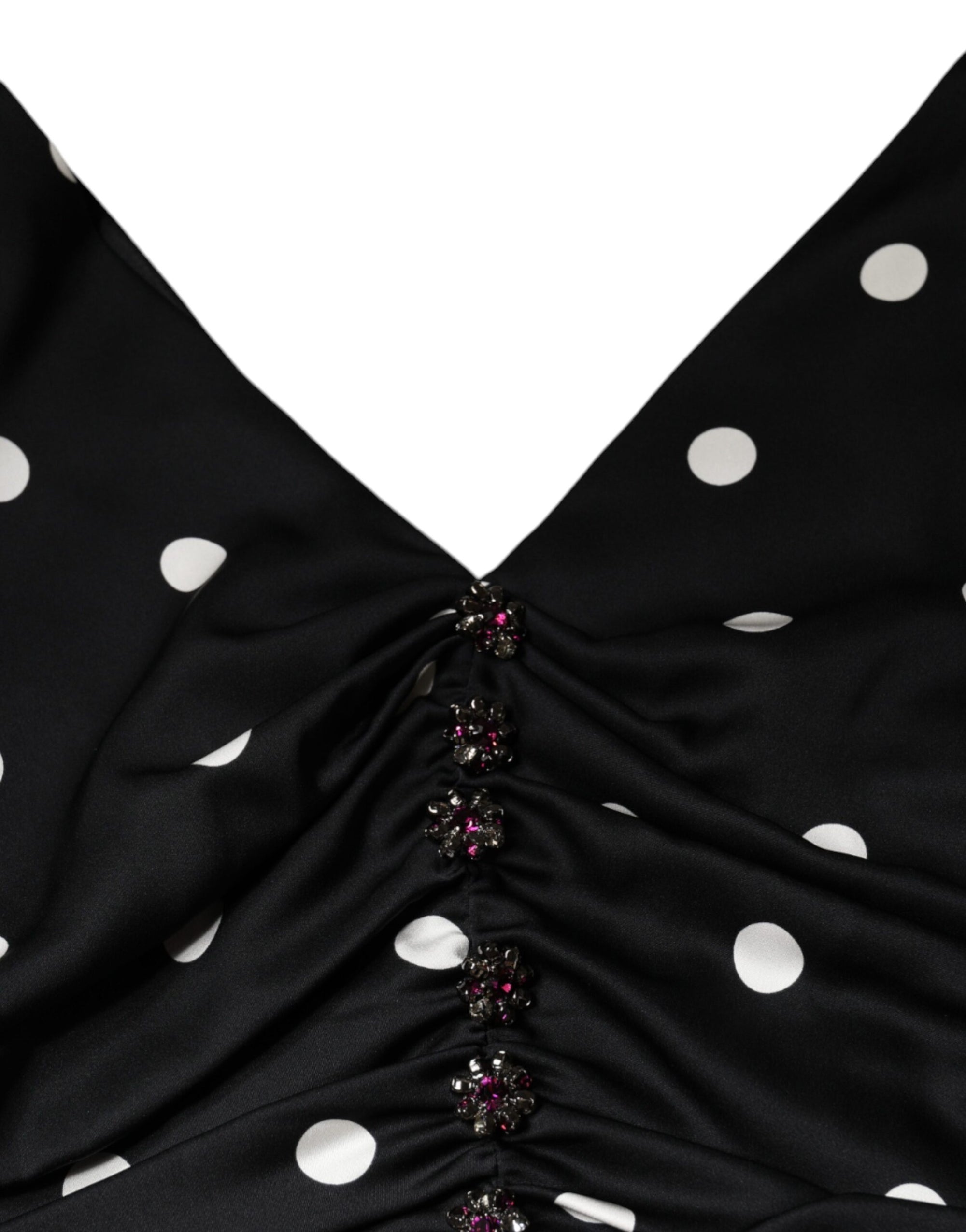 Dolce &amp; Gabbana Black Silk Polka Dot Vneck Tassel Midi Dress