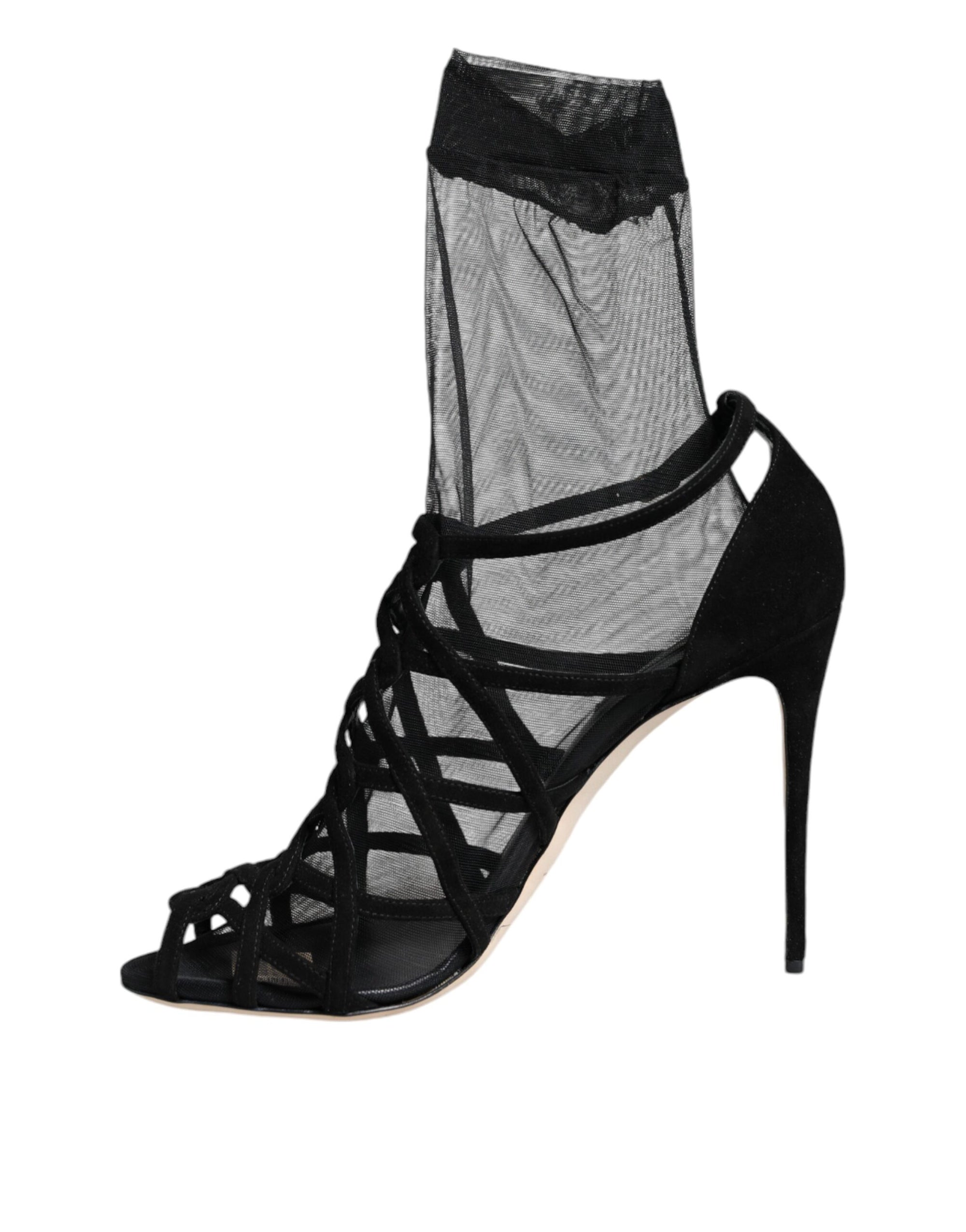 Dolce &amp; Gabbana Black Tulle Stretch Heels Sandals Shoes