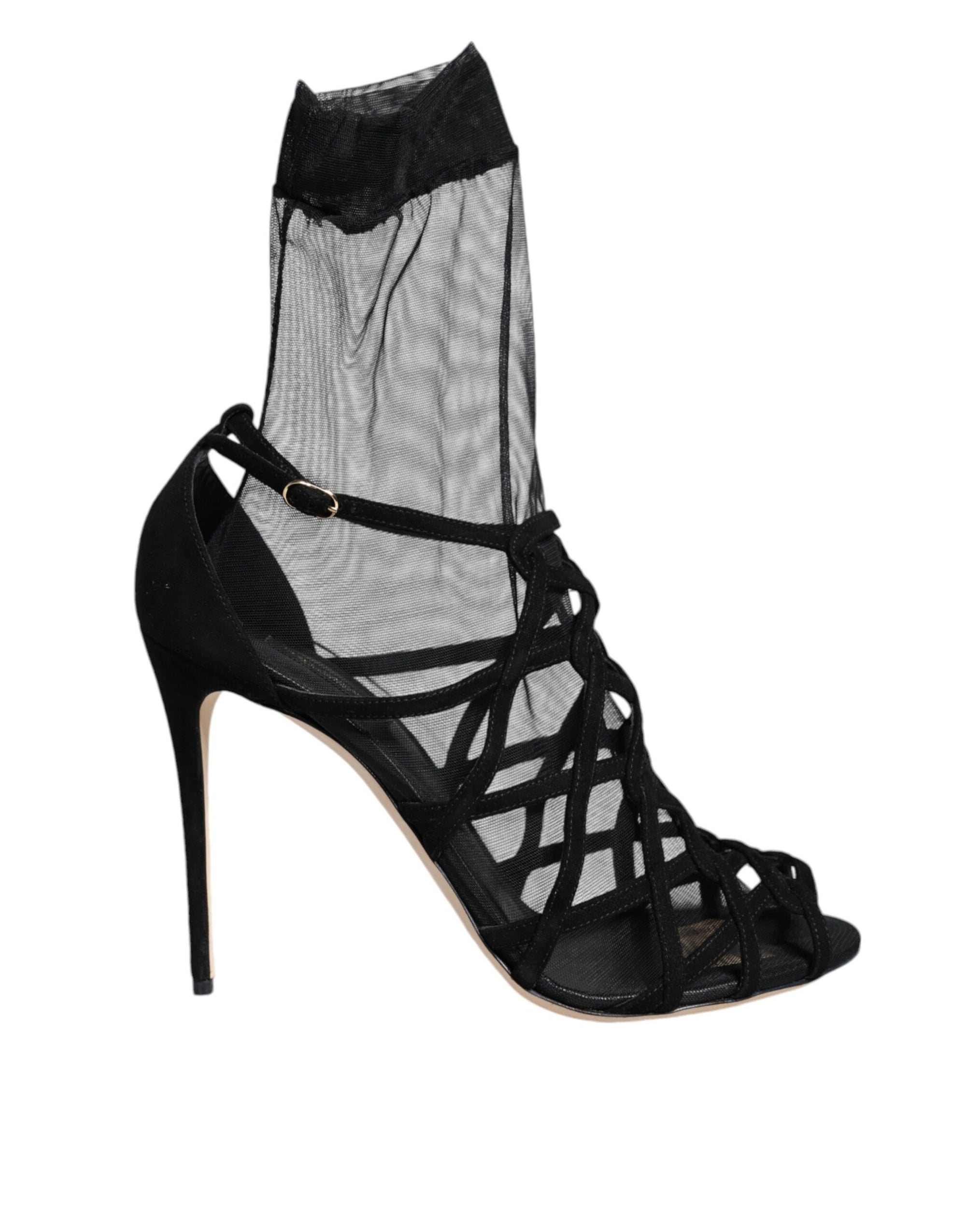 Dolce &amp; Gabbana Black Tulle Stretch Heels Sandals Shoes