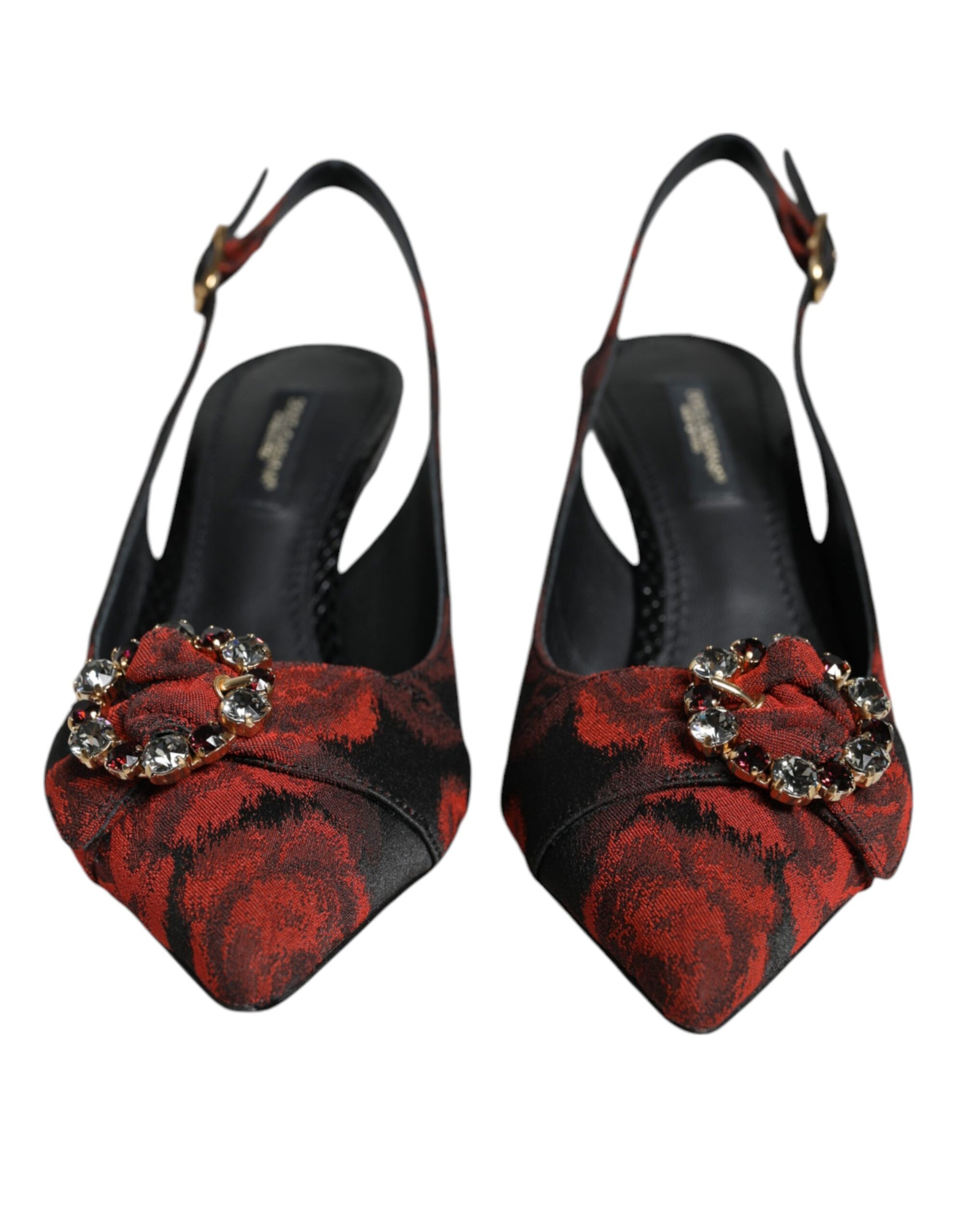 Dolce &amp; Gabbana Black Red Floral Crystal Heel Slingback Shoes