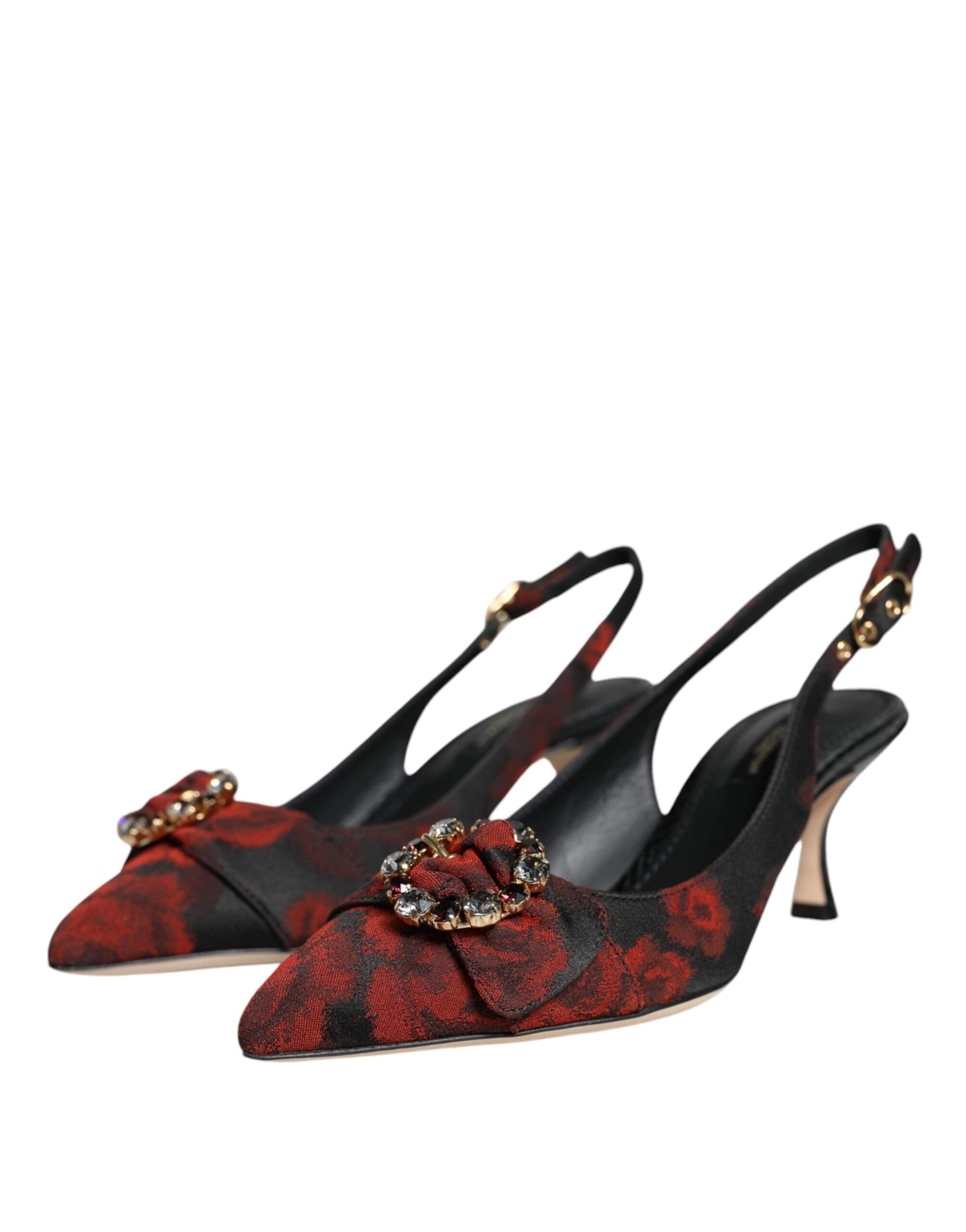 Dolce &amp; Gabbana Black Red Floral Crystal Heel Slingback Shoes
