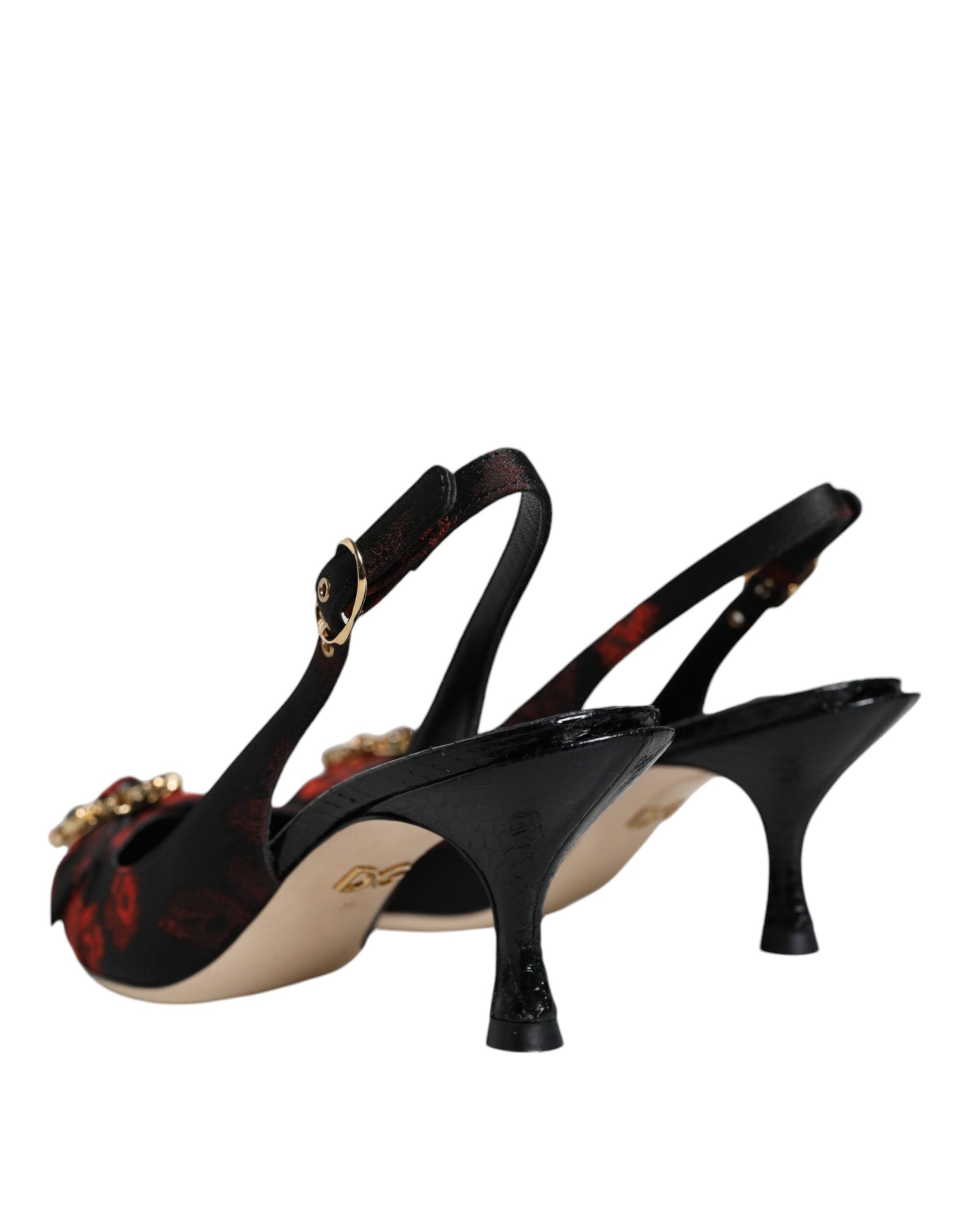 Dolce &amp; Gabbana Black Red Floral Crystal Heel Slingback Shoes