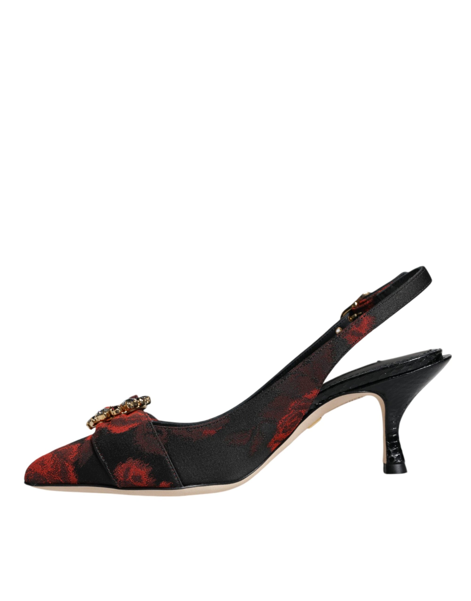 Dolce &amp; Gabbana Black Red Floral Crystal Heel Slingback Shoes