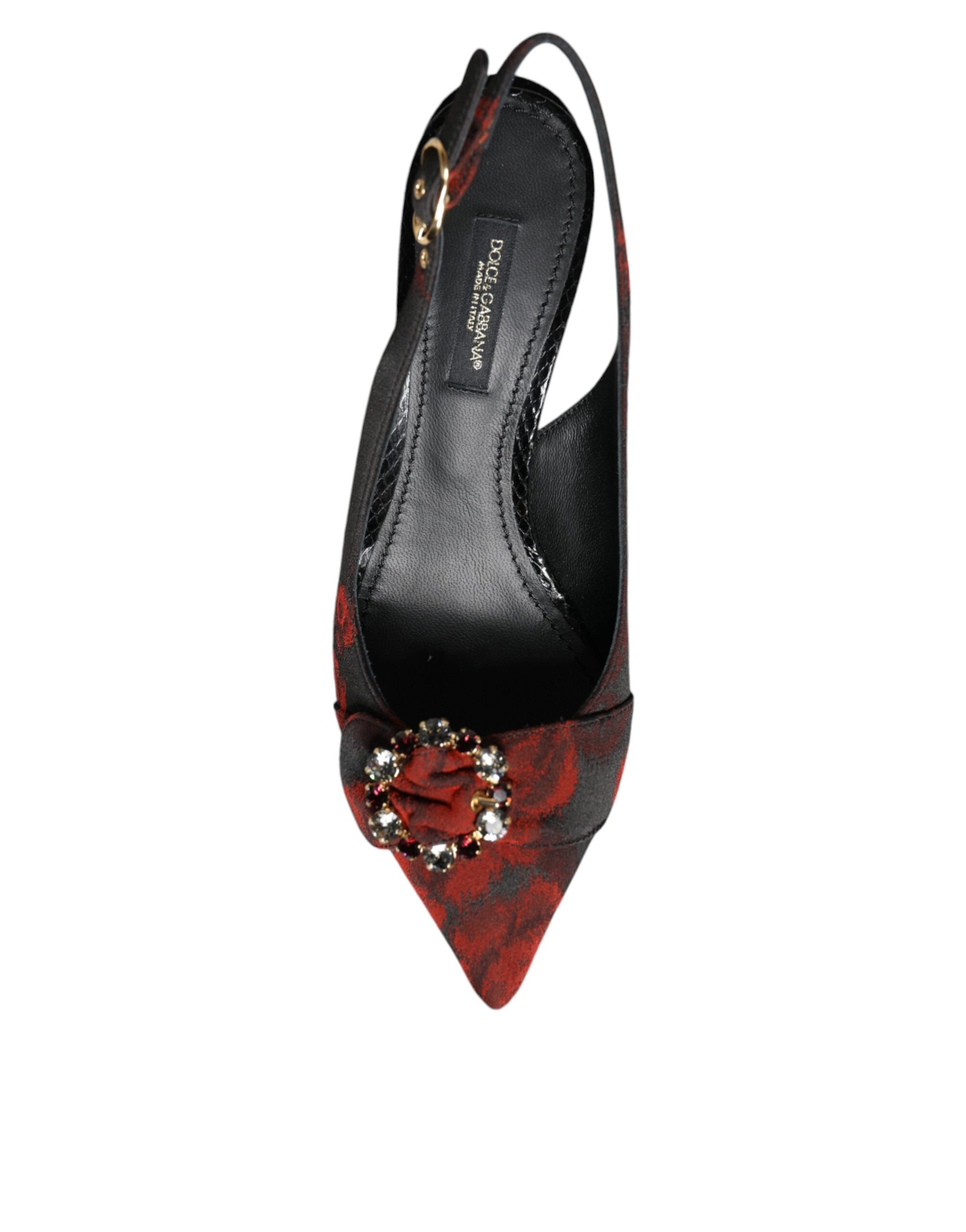 Dolce &amp; Gabbana Black Red Floral Crystal Heel Slingback Shoes