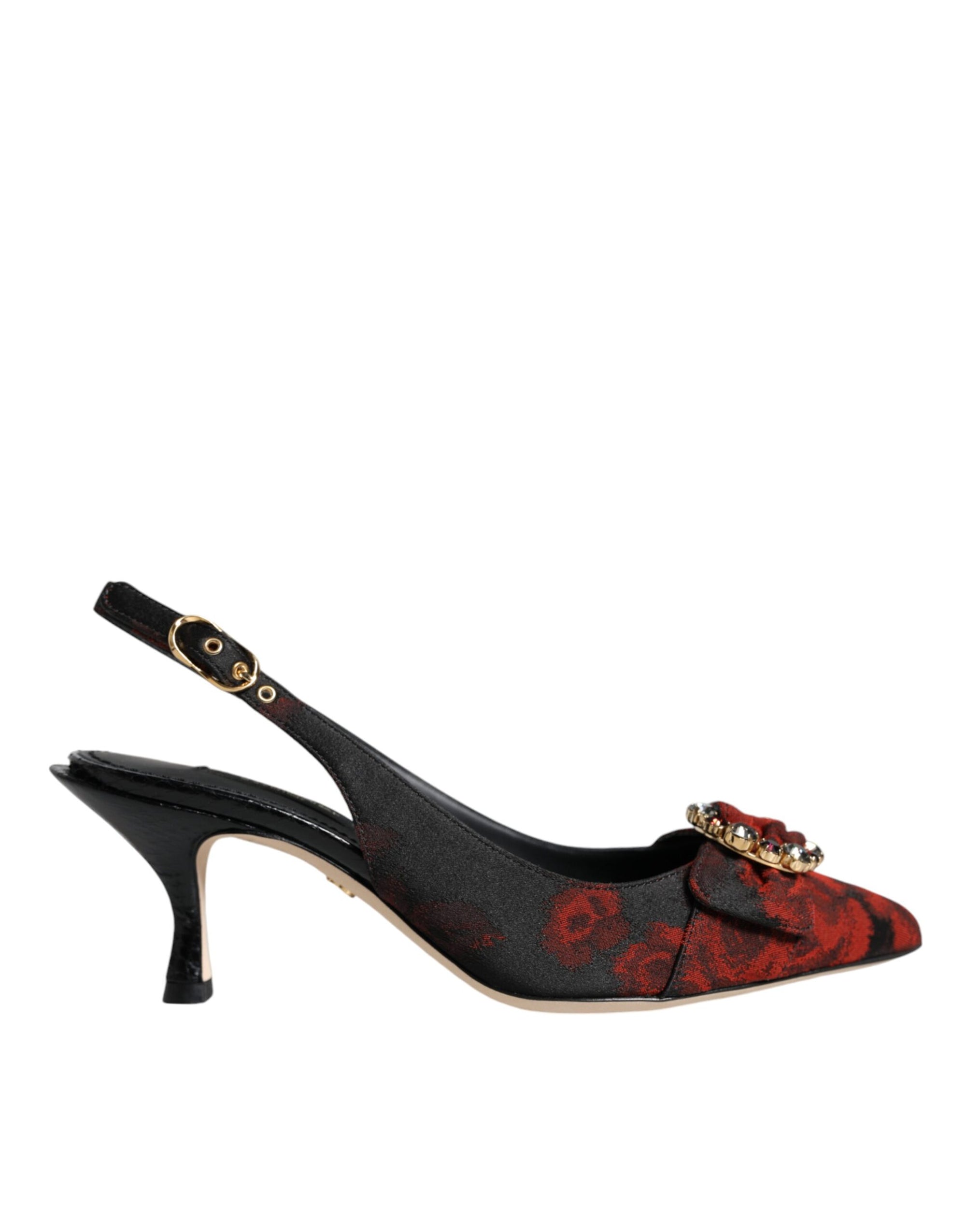 Dolce &amp; Gabbana Black Red Floral Crystal Heel Slingback Shoes