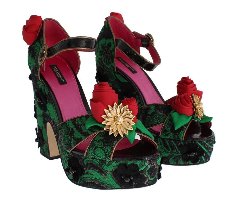 Dolce &amp; Gabbana Green Brocade Snakeskin Roses Crystal Shoes