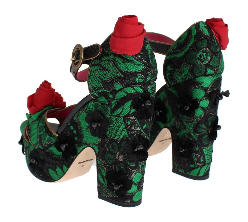 Dolce &amp; Gabbana Green Brocade Snakeskin Roses Crystal Shoes