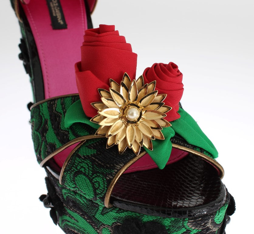 Dolce &amp; Gabbana Green Brocade Snakeskin Roses Crystal Shoes