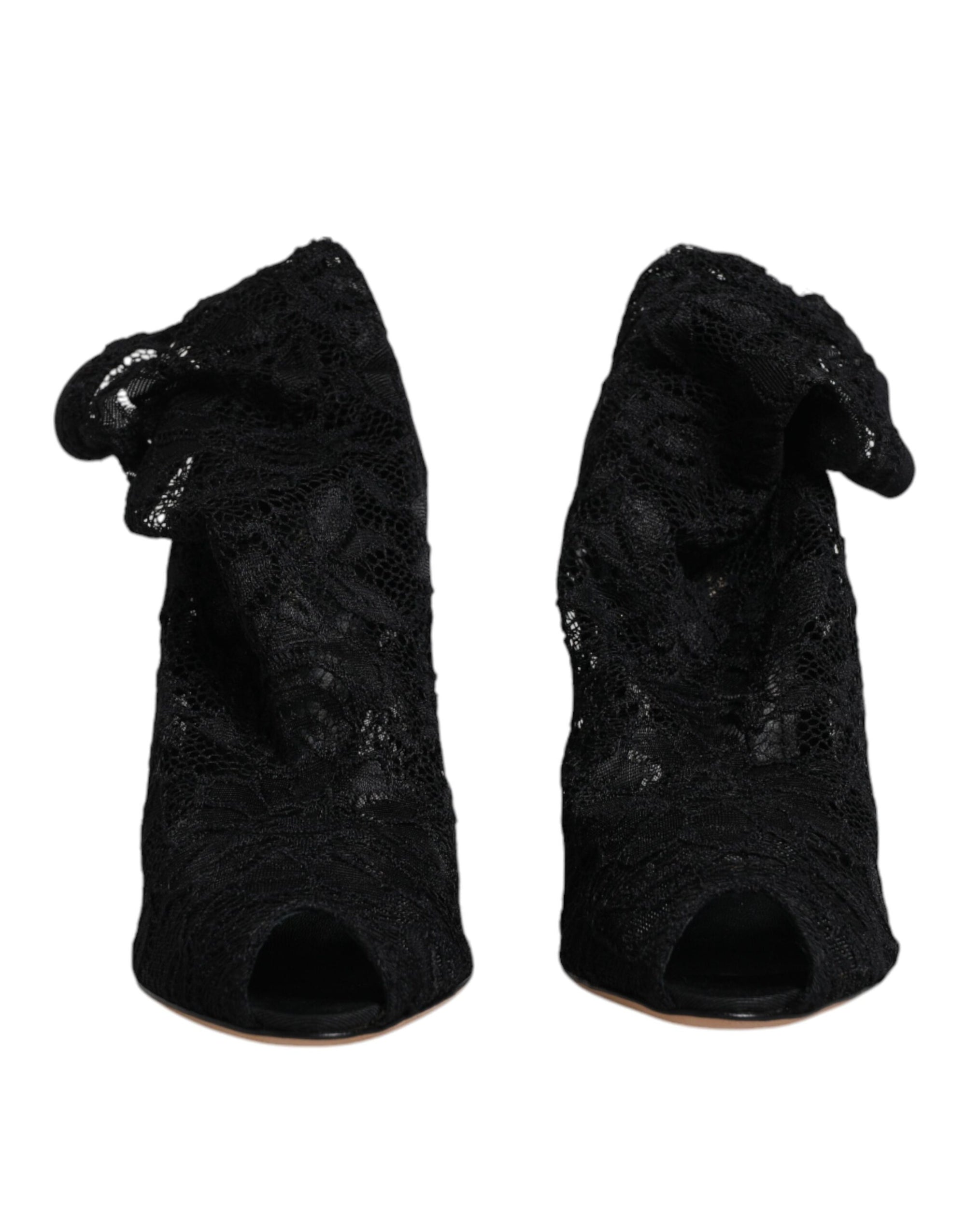 Dolce &amp; Gabbana Black Lace Stretch Heels Mid Calf Boots Shoes