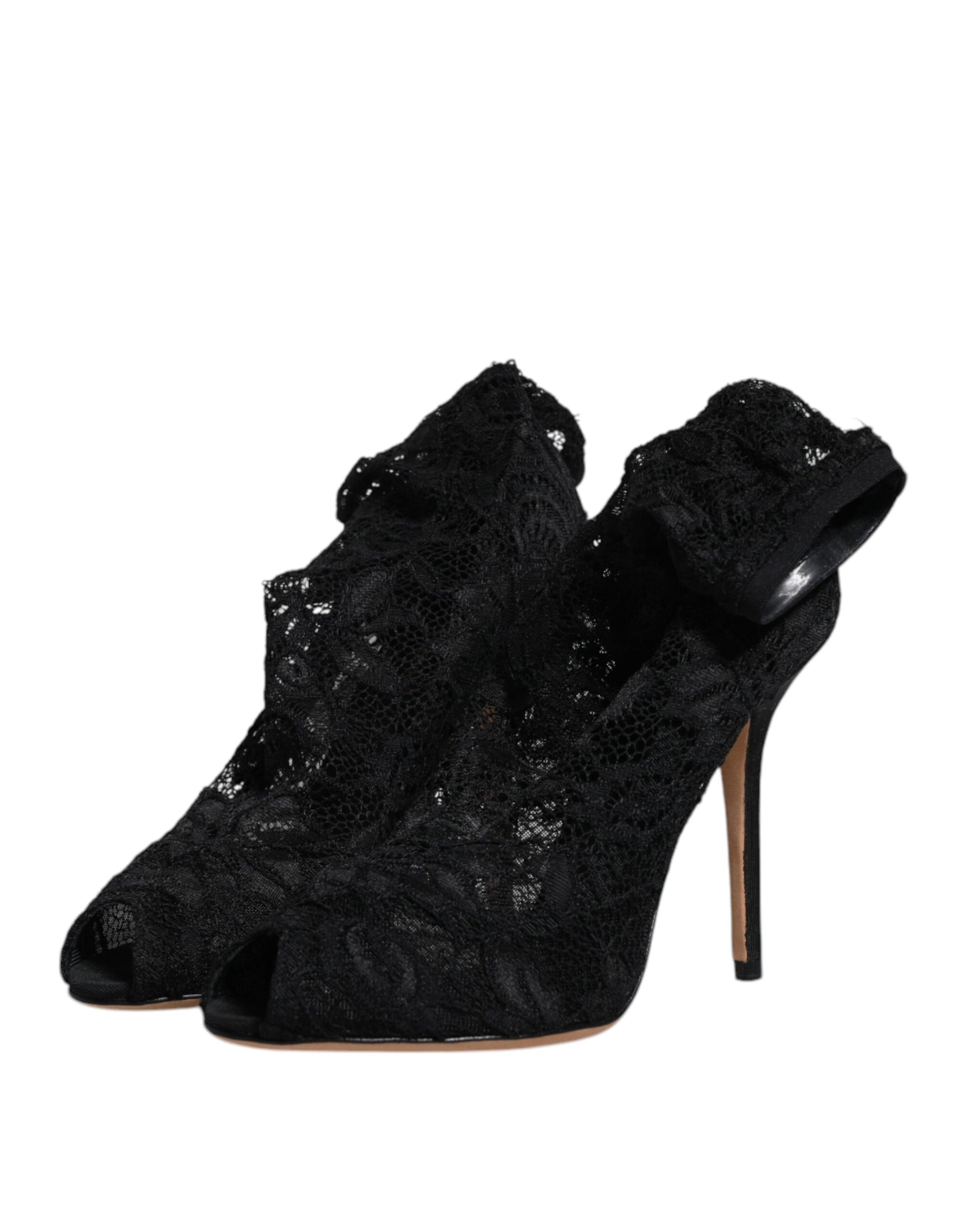Dolce &amp; Gabbana Black Lace Stretch Heels Mid Calf Boots Shoes