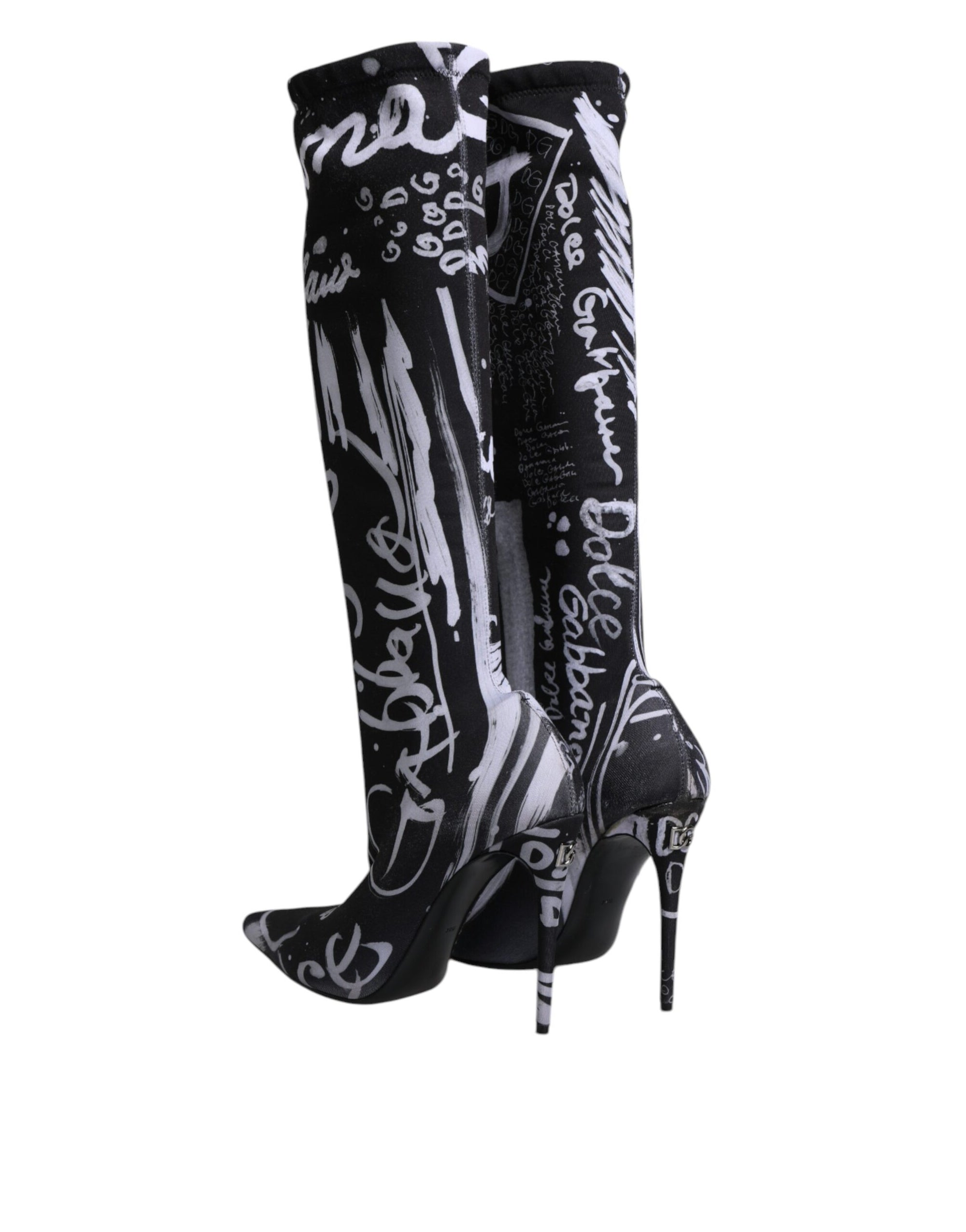 Dolce &amp; Gabbana Black Logo Stretch Heels High Boots Shoes