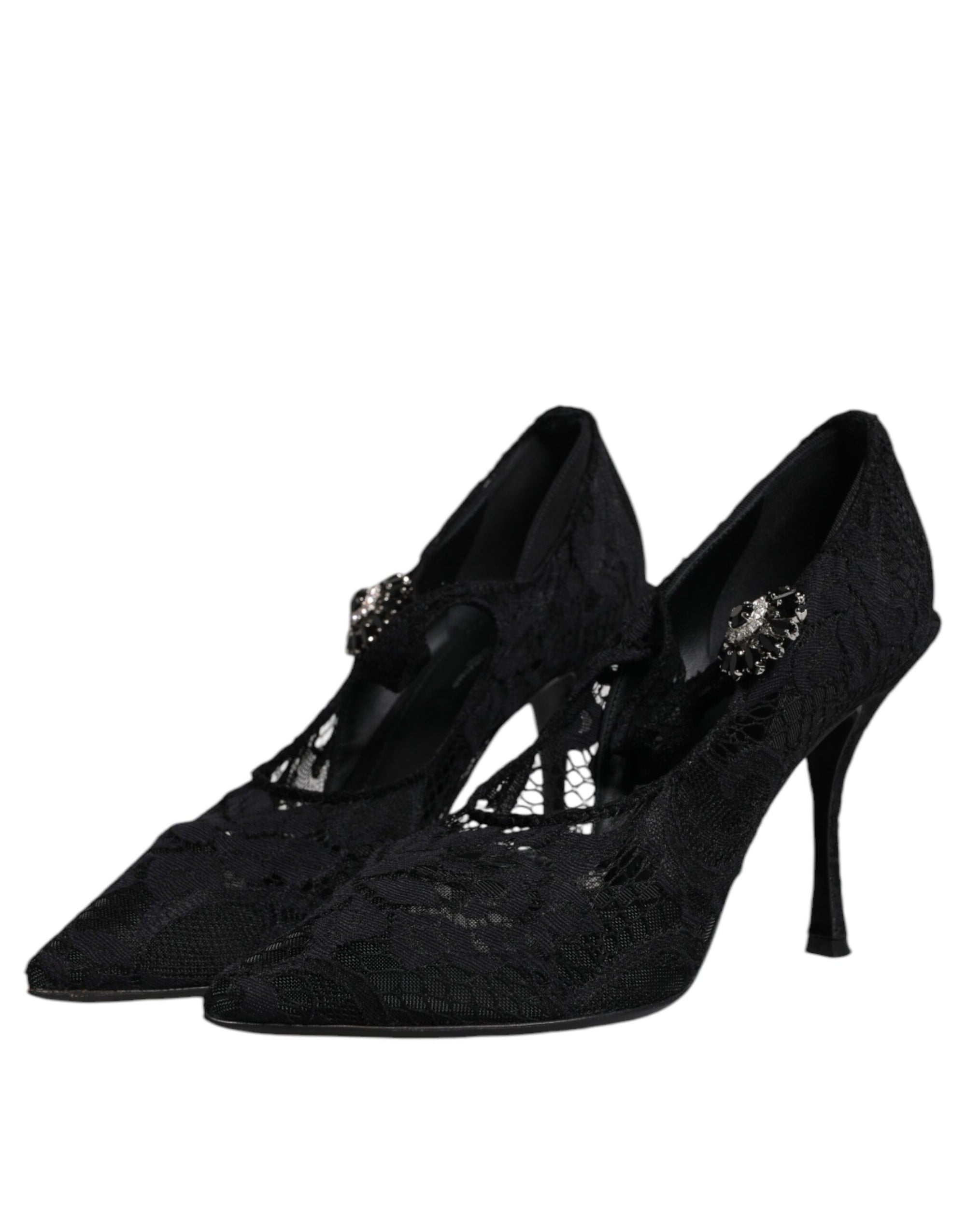 Dolce &amp; Gabbana Black Lace Crystals Mary Jane Pumps Shoes