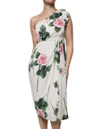 Dolce & Gabbana White Floral Silk One Shoulder Midi Dress