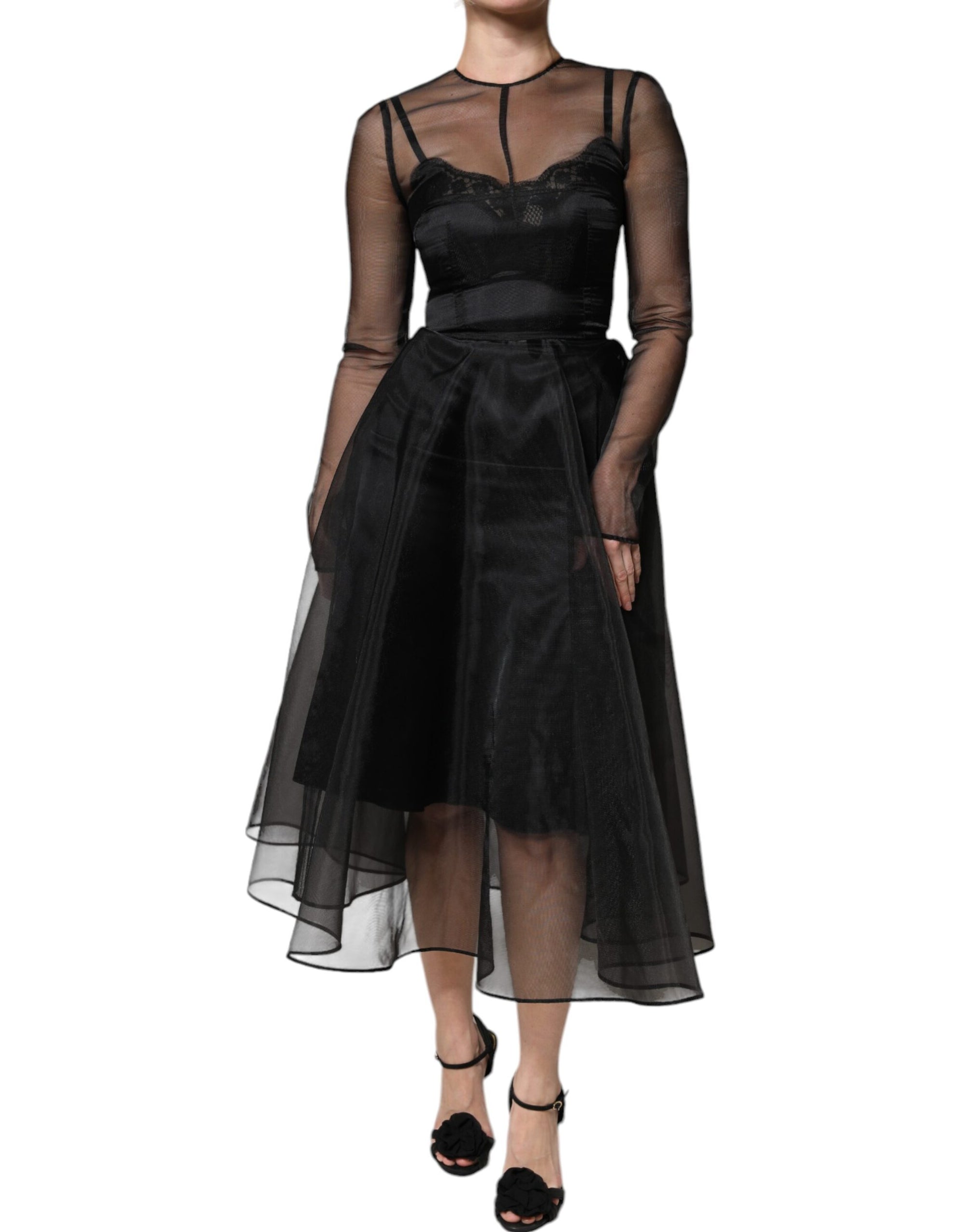 Dolce &amp; Gabbana Black Tulle A-line Midi Cocktail Gown Dress