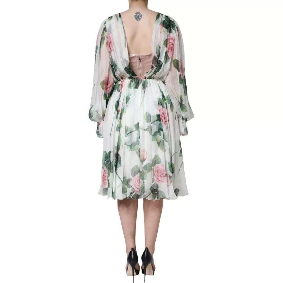 Dolce &amp; Gabbana White Silk Floral Print A-line Midi Dress