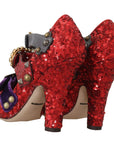 Dolce & Gabbana Red Sequined Crystal Studs Heels Shoes