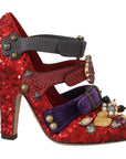 Dolce & Gabbana Red Sequined Crystal Studs Heels Shoes