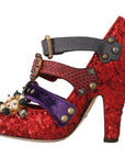 Dolce & Gabbana Red Sequined Crystal Studs Heels Shoes