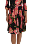 Dolce & Gabbana Black Pink Tulip Print Stretch Shift Dress