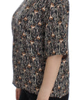 Dolce & Gabbana Gray Gold Key Print Silk Blouse T-shirt