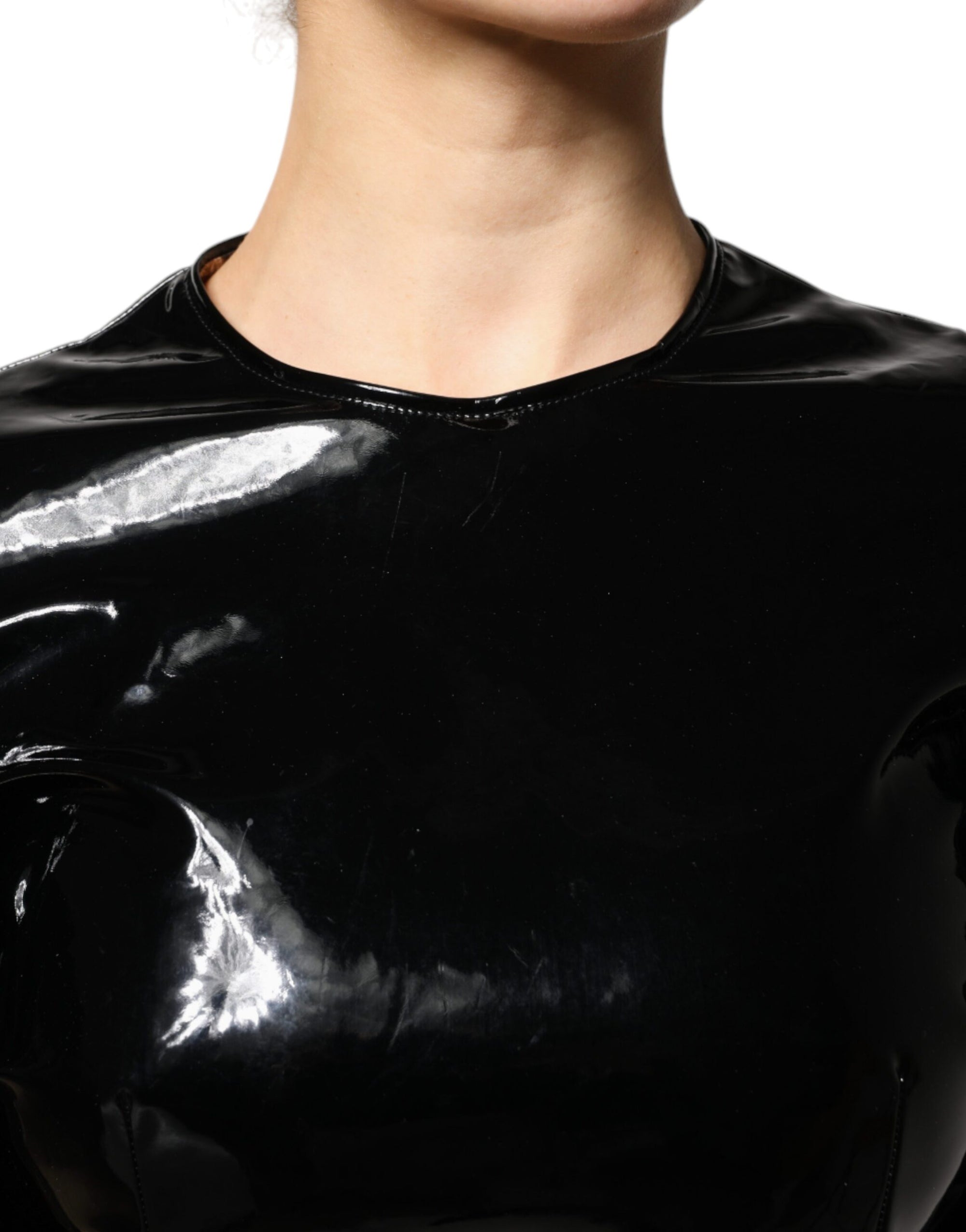 Dolce &amp; Gabbana Black Patent Leather Puff Sleeves Mini Dress