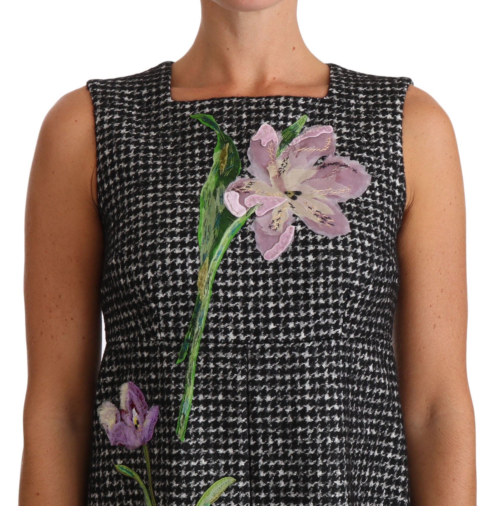 Dolce &amp; Gabbana Gray Houndstooth Floral Appliqué Shift Mini Dress