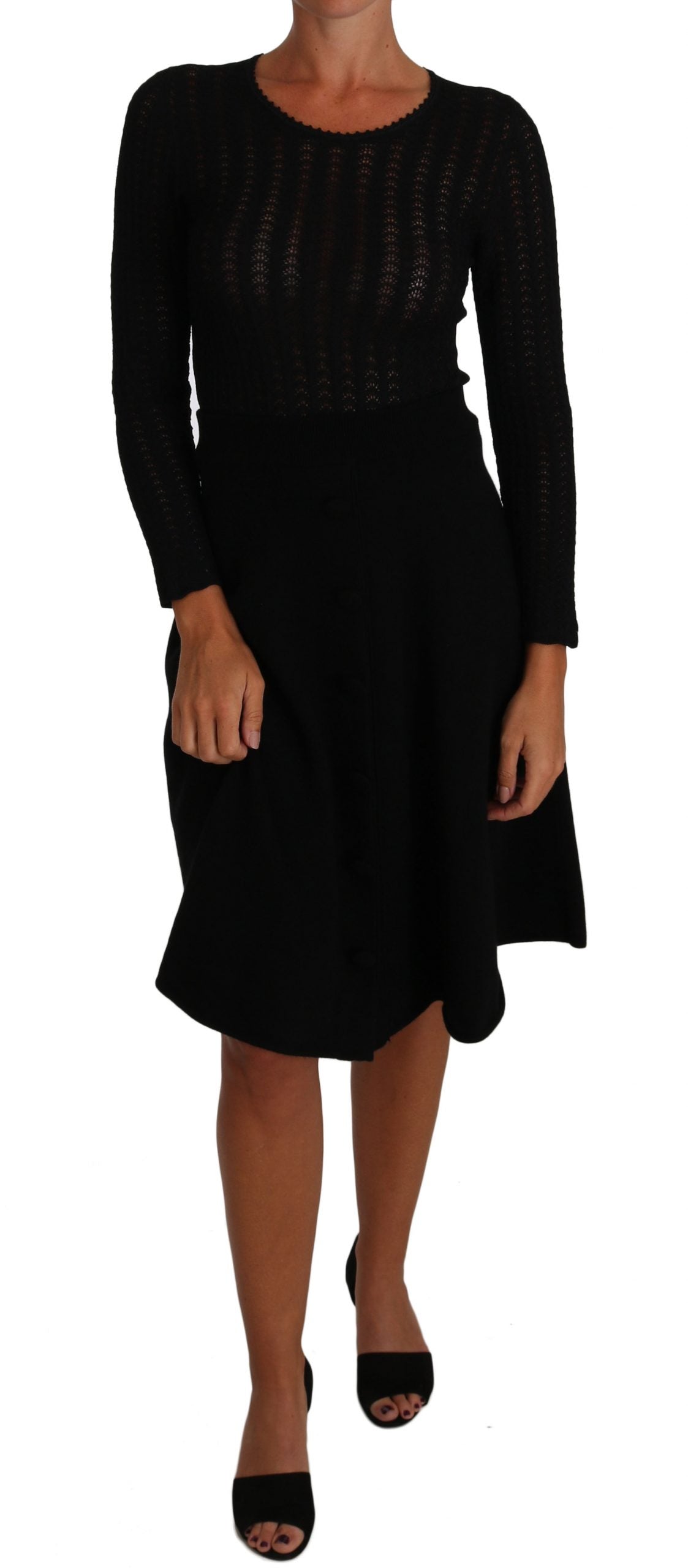 Dolce &amp; Gabbana Black Knitted Wool Sheath Long Sleeves Dress