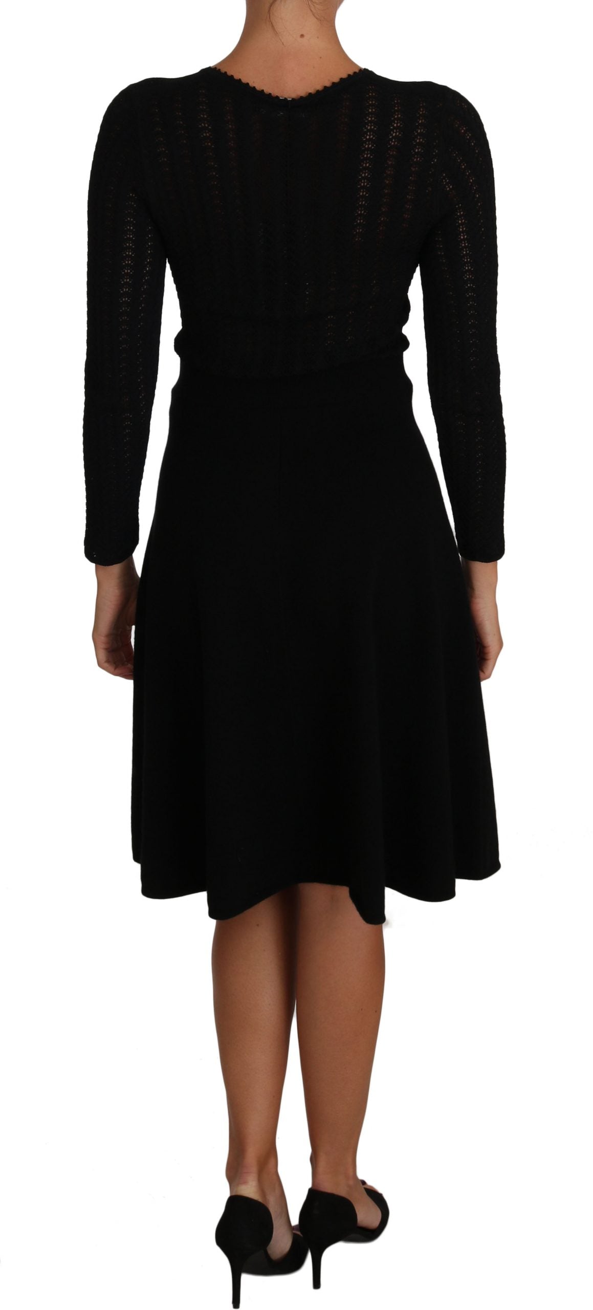 Dolce &amp; Gabbana Black Knitted Wool Sheath Long Sleeves Dress