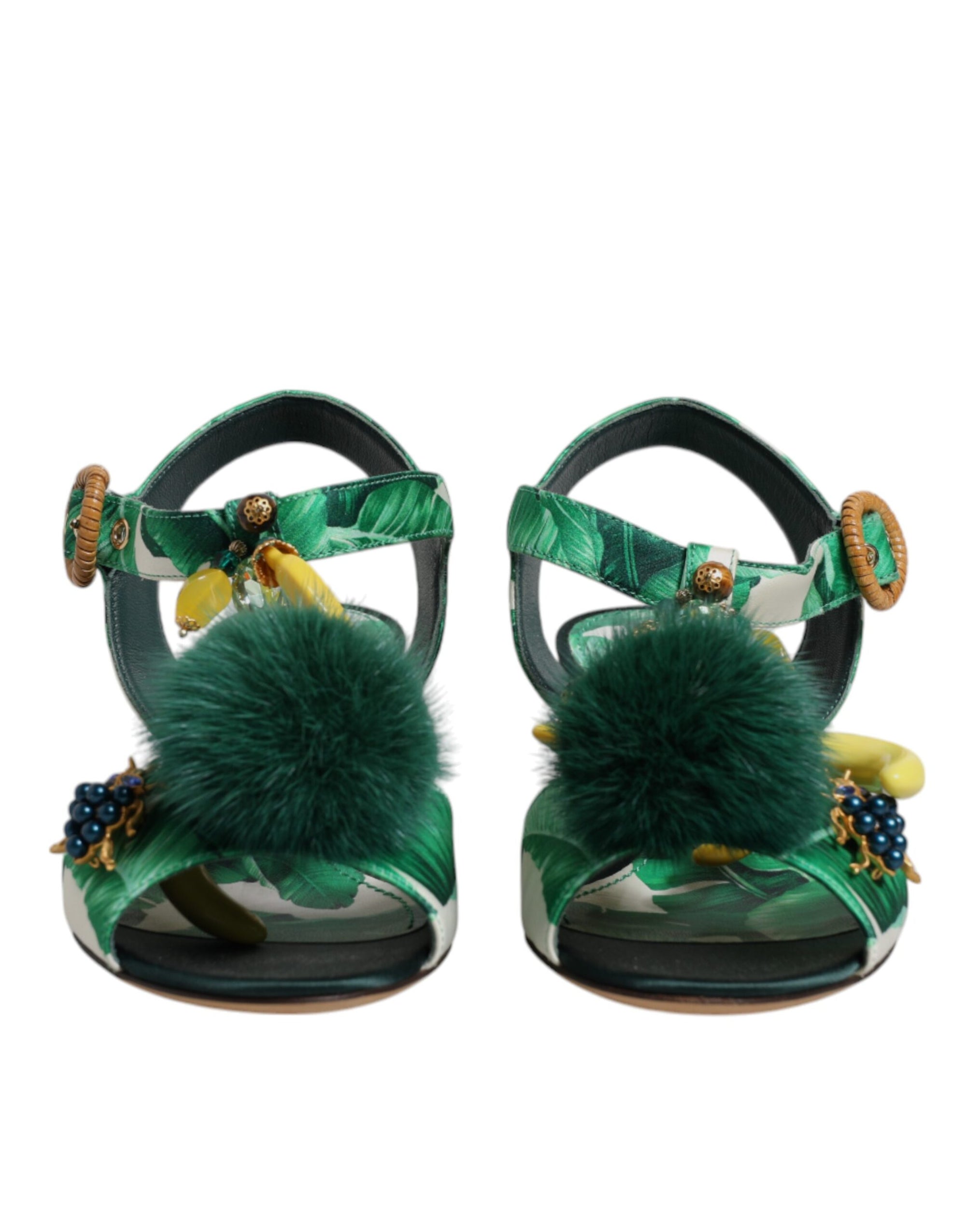 Dolce &amp; Gabbana Green Crystal Fur Embellished Sandals Shoes