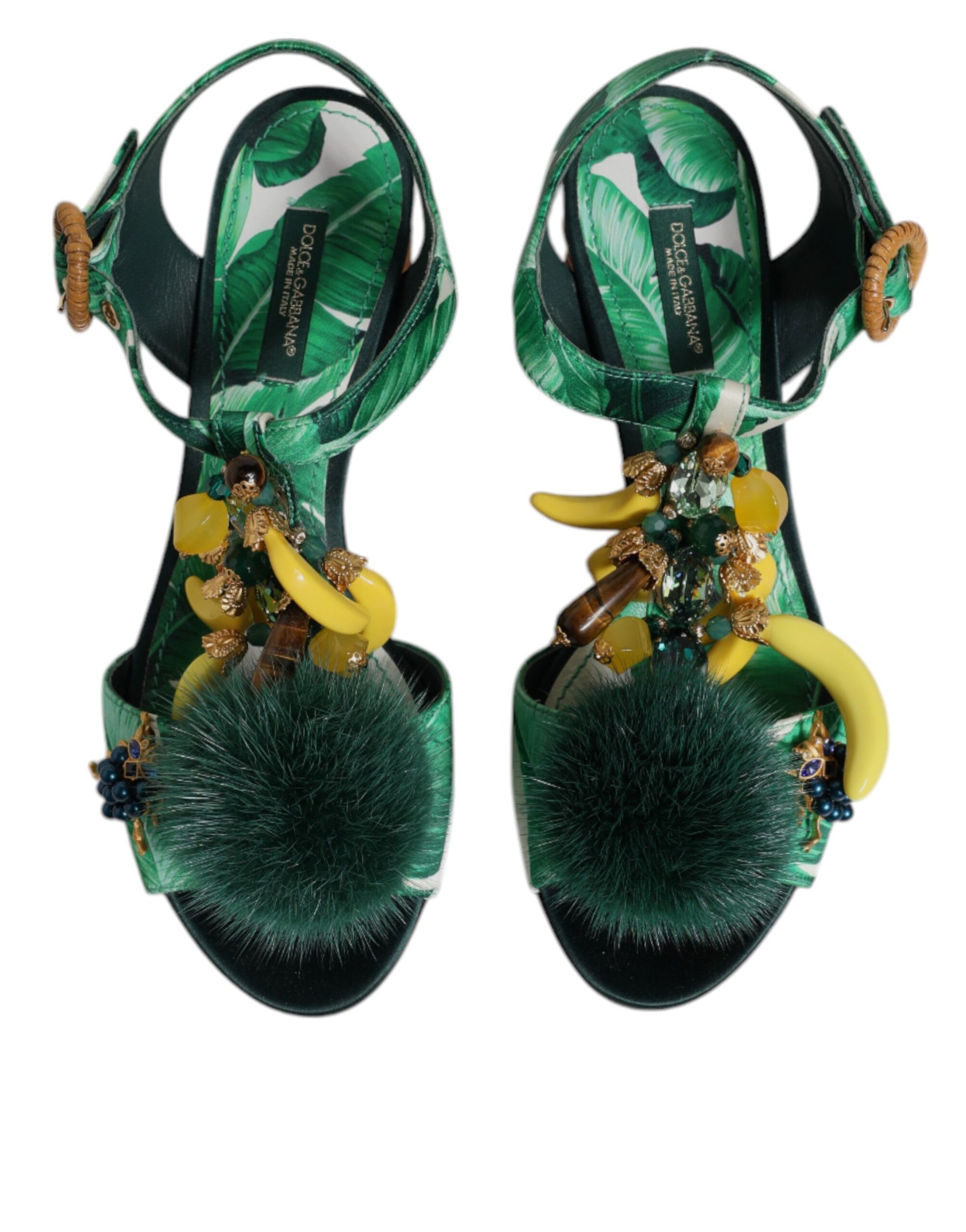 Dolce &amp; Gabbana Green Crystal Fur Embellished Sandals Shoes