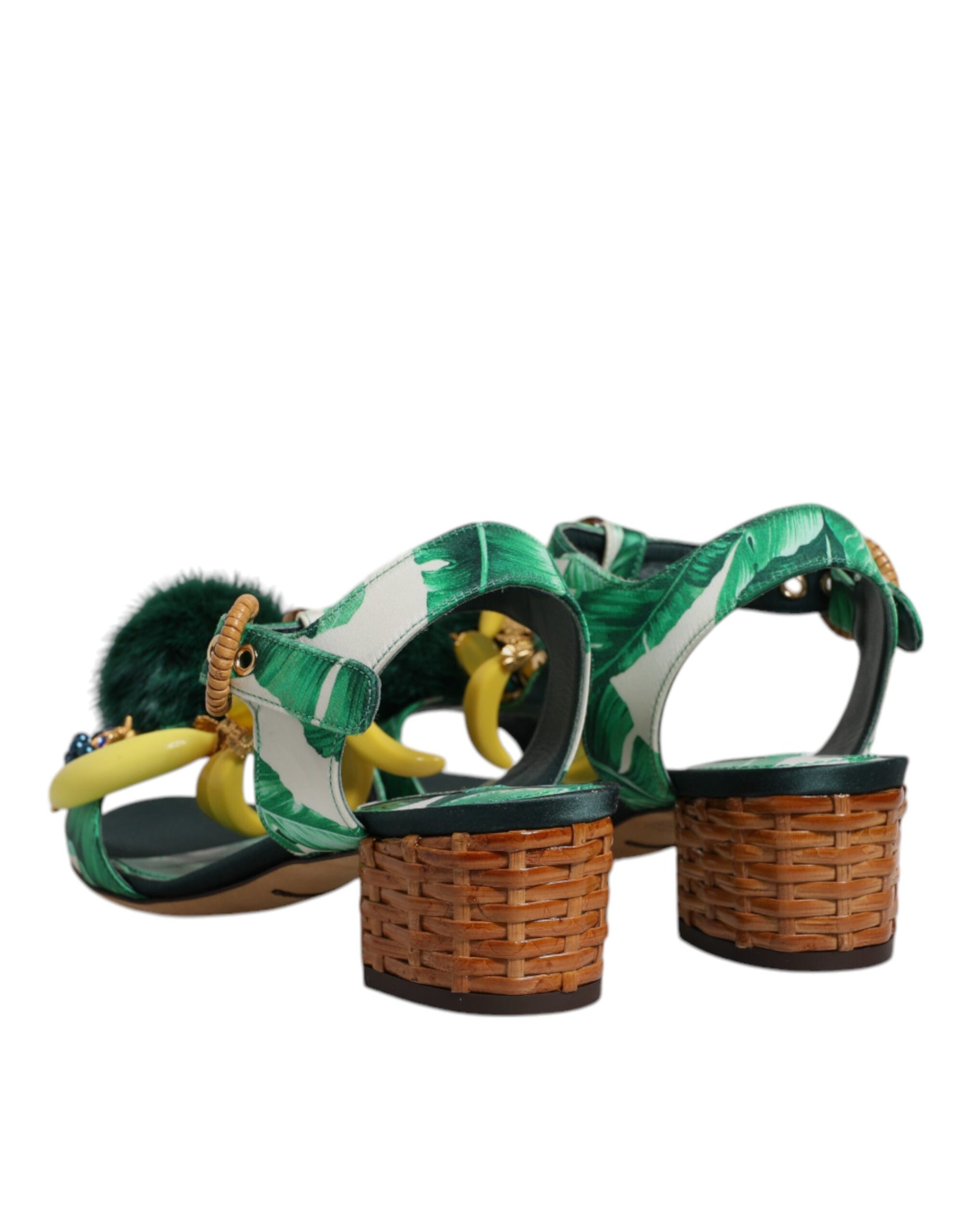 Dolce &amp; Gabbana Green Crystal Fur Embellished Sandals Shoes