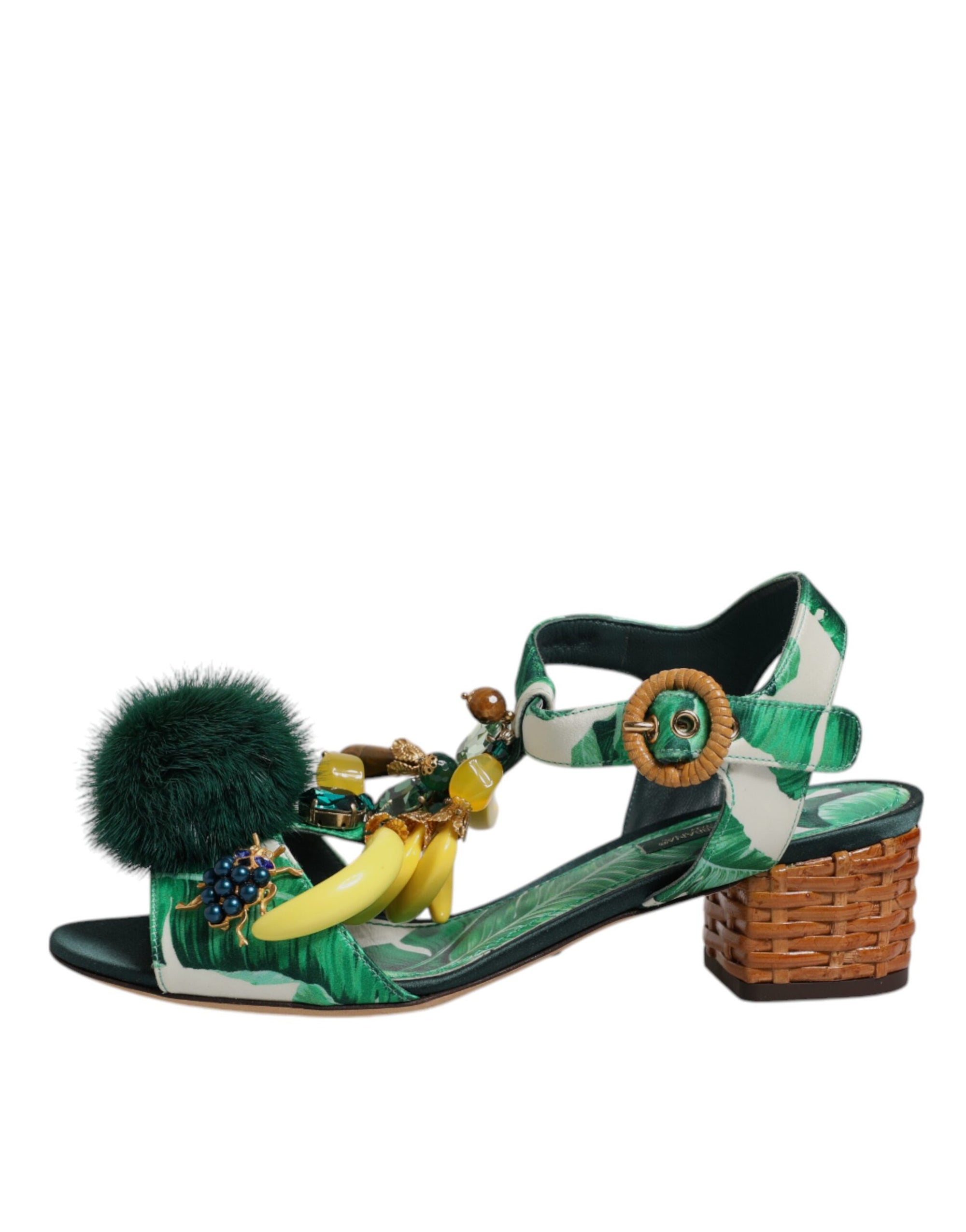 Dolce &amp; Gabbana Green Crystal Fur Embellished Sandals Shoes