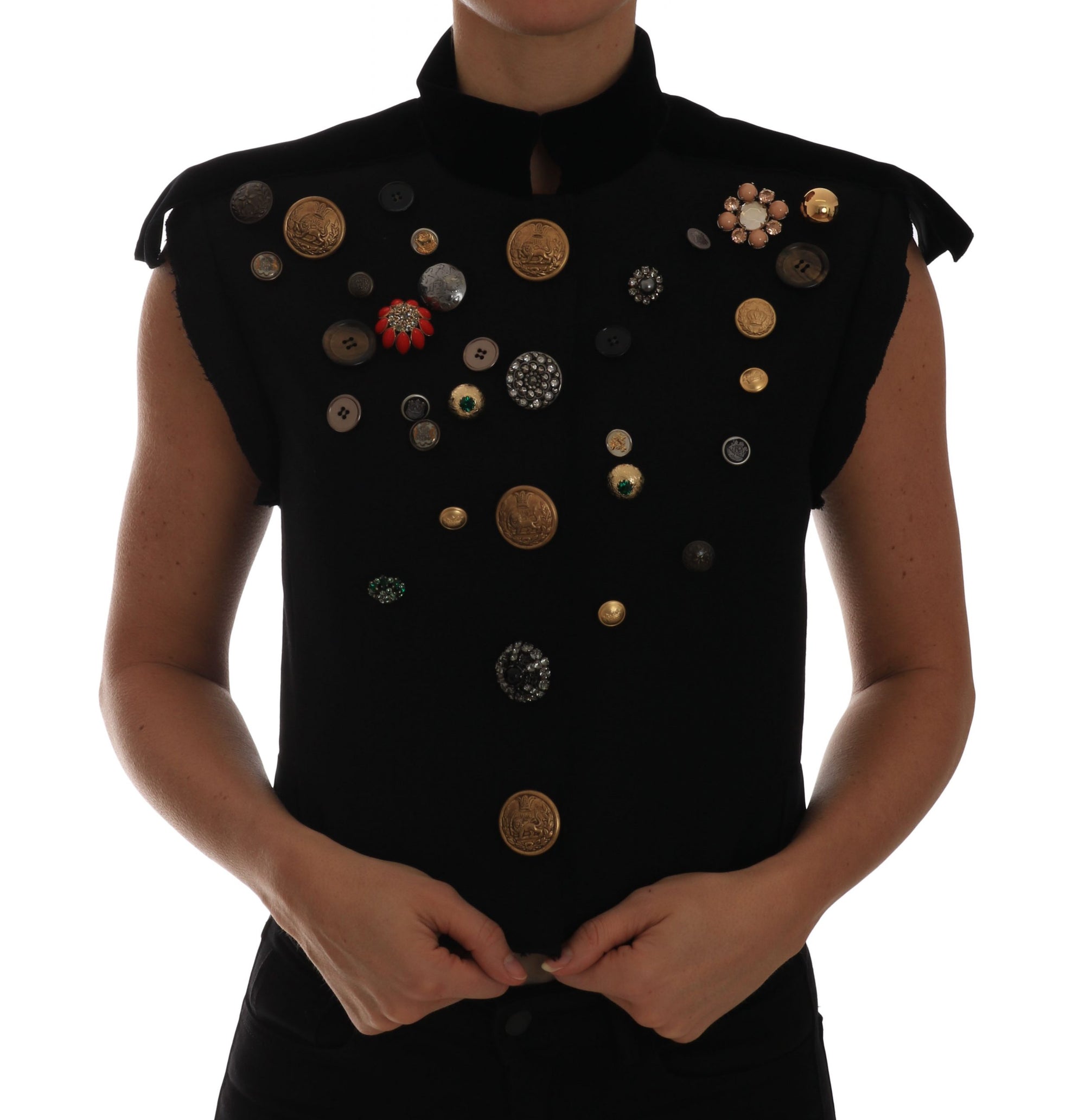 Dolce &amp; Gabbana Black Embellished Floral Military Jacket Vest