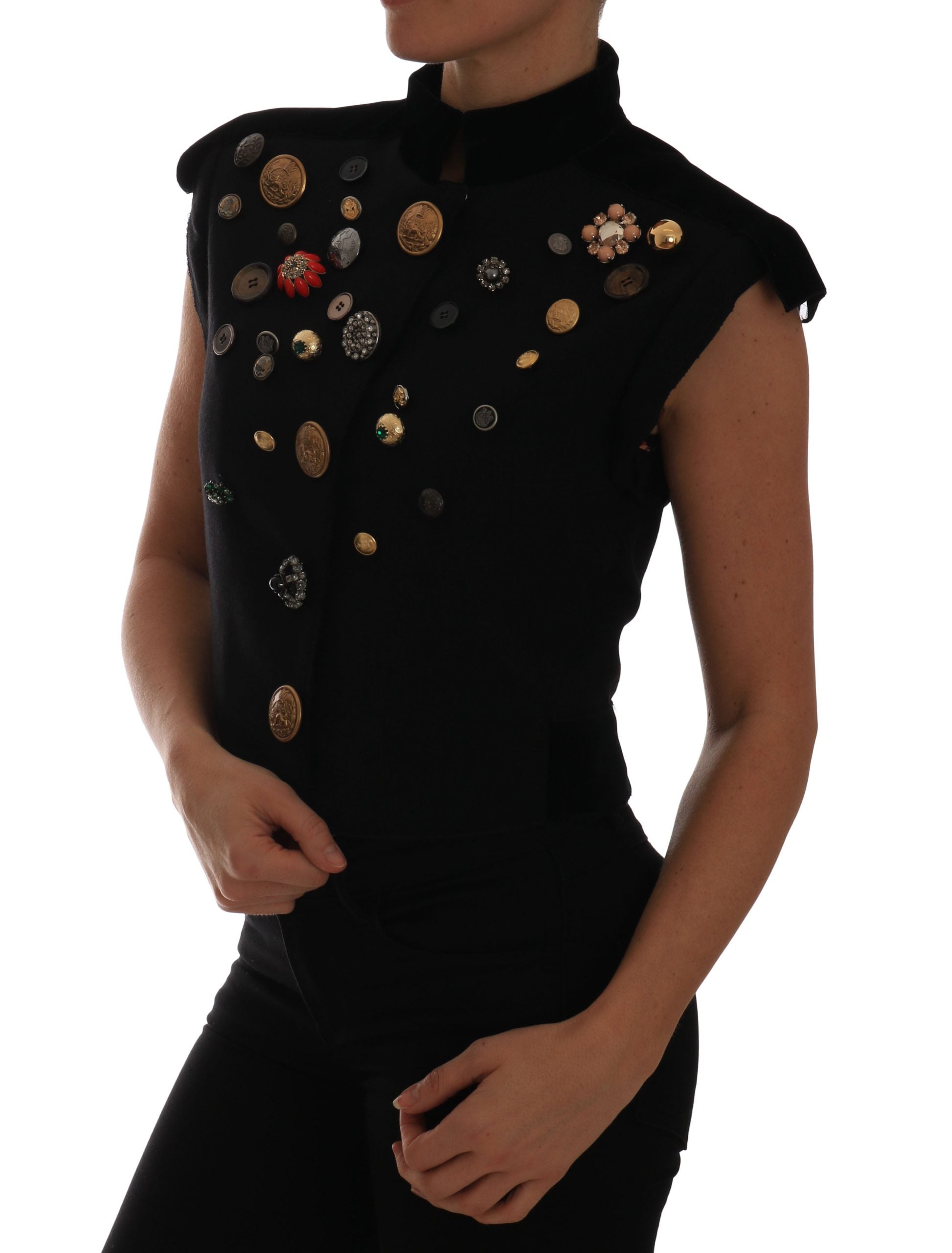 Dolce &amp; Gabbana Black Embellished Floral Military Jacket Vest