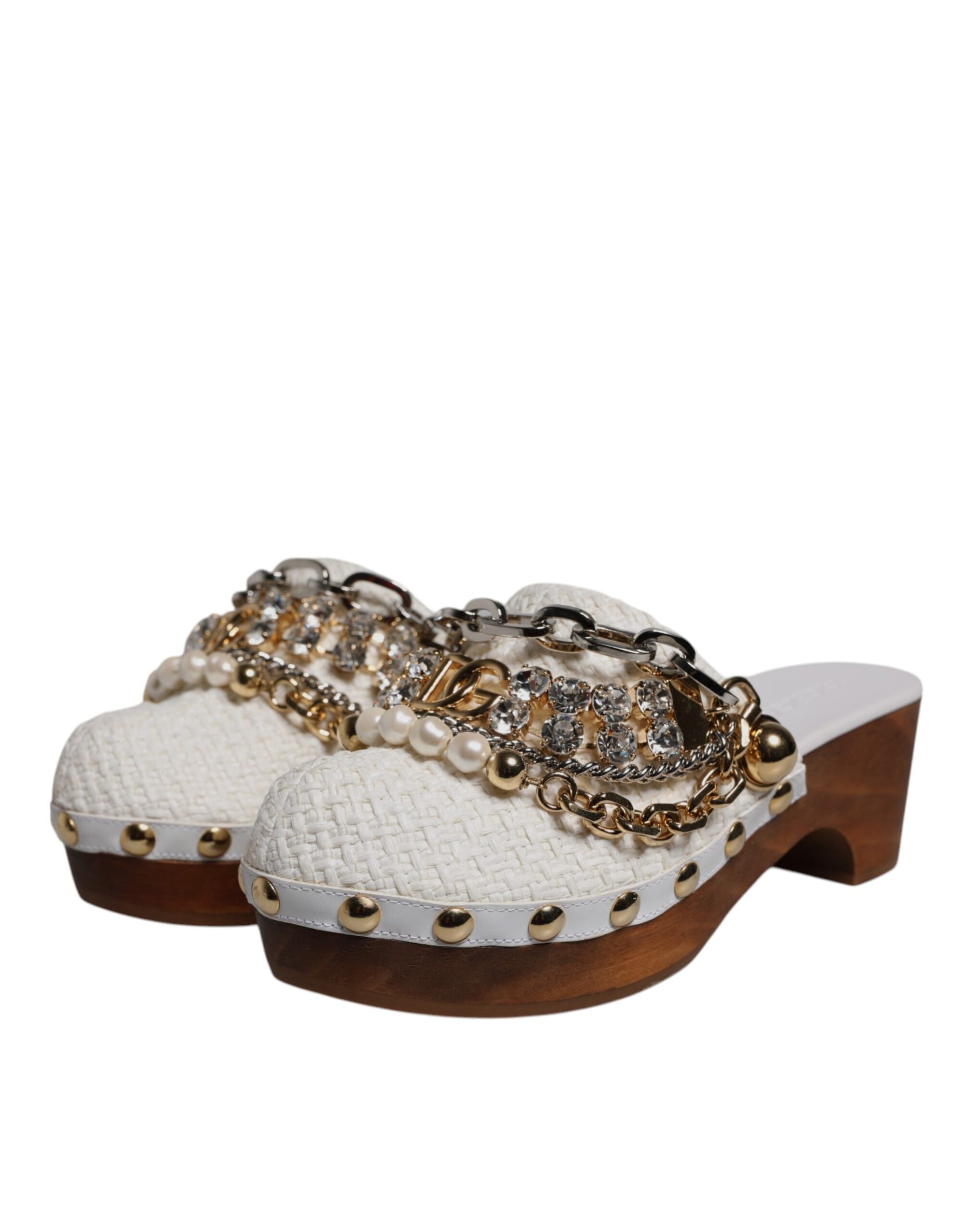 Dolce &amp; Gabbana White Raffia Clogs Bejeweled Chain Sandals Shoes