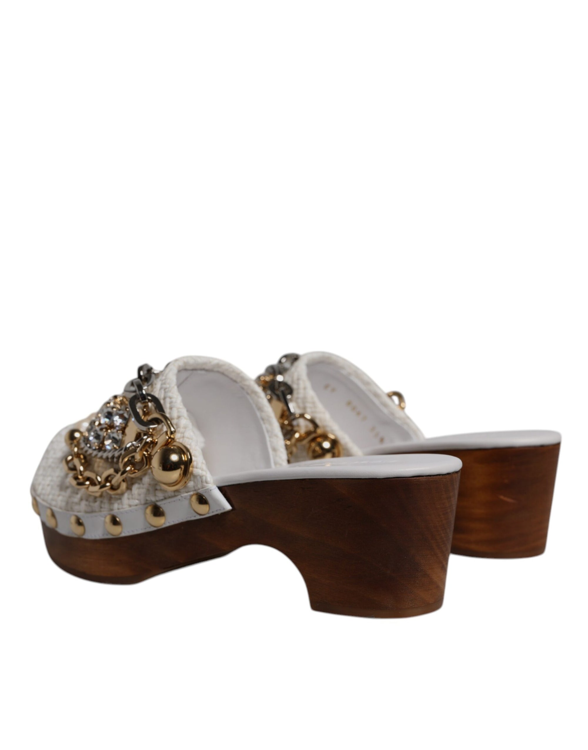 Dolce &amp; Gabbana White Raffia Clogs Bejeweled Chain Sandals Shoes