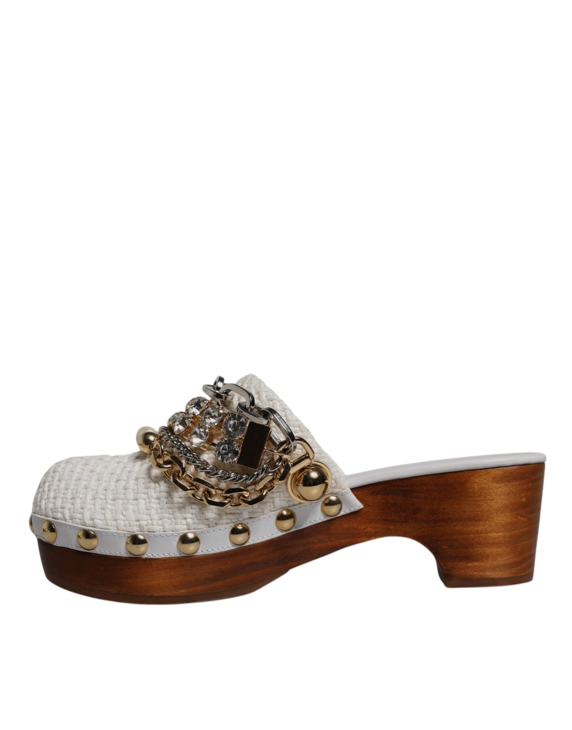 Dolce &amp; Gabbana White Raffia Clogs Bejeweled Chain Sandals Shoes