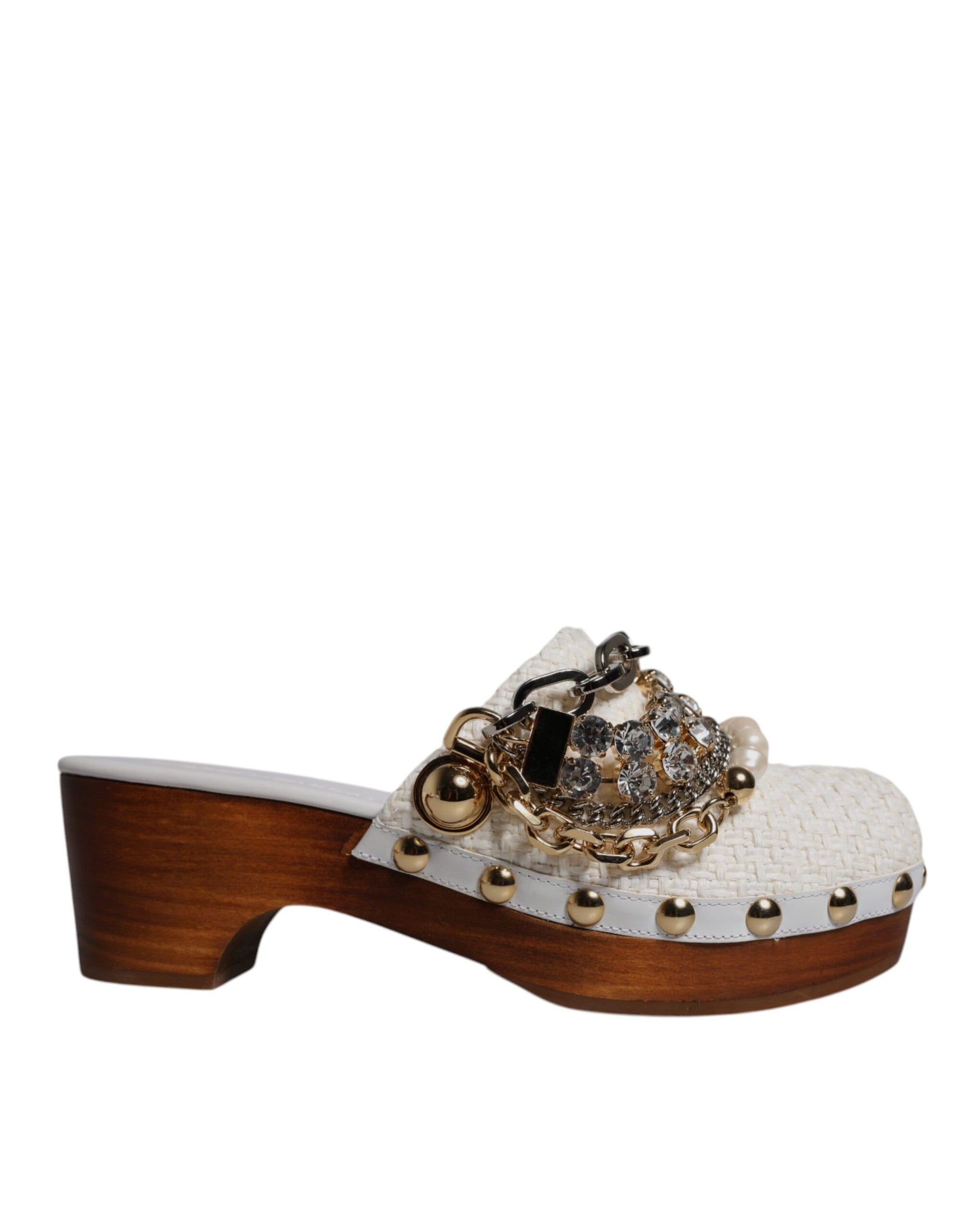 Dolce &amp; Gabbana White Raffia Clogs Bejeweled Chain Sandals Shoes