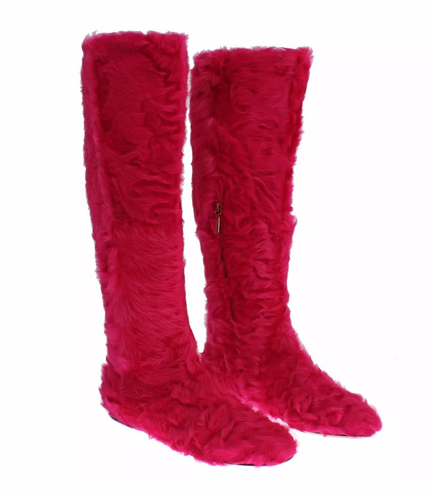 Dolce &amp; Gabbana Pink Lamb Fur Leather Flat Boots Shoes