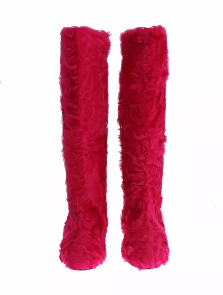 Dolce &amp; Gabbana Pink Lamb Fur Leather Flat Boots Shoes
