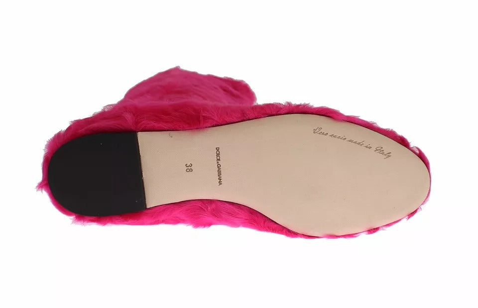 Dolce &amp; Gabbana Pink Lamb Fur Leather Flat Boots Shoes