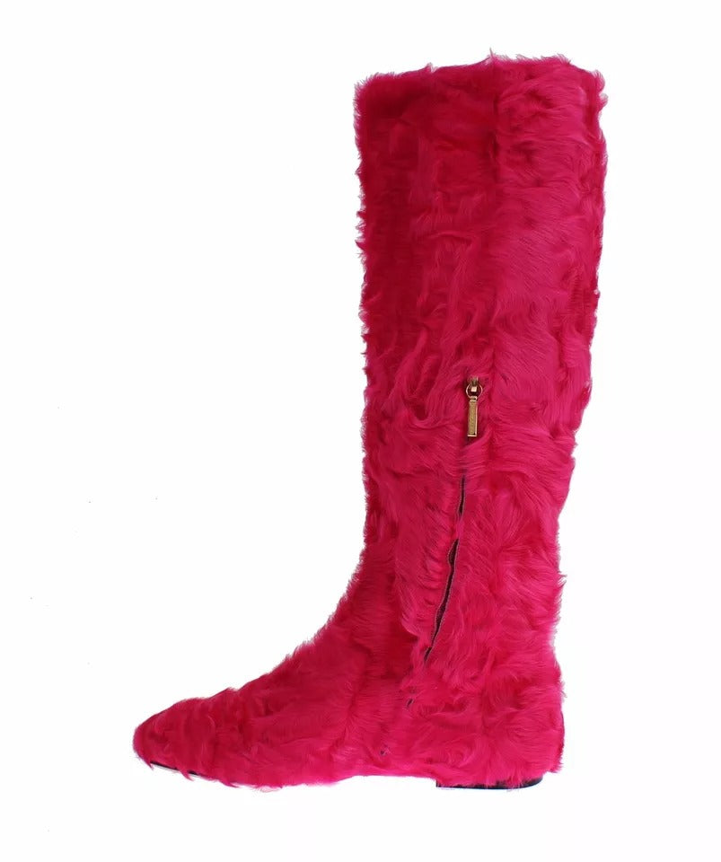 Dolce &amp; Gabbana Pink Lamb Fur Leather Flat Boots Shoes