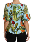 Dolce & Gabbana Multicolor Vegetable Print Silk Top Peplum Wrap Blouse
