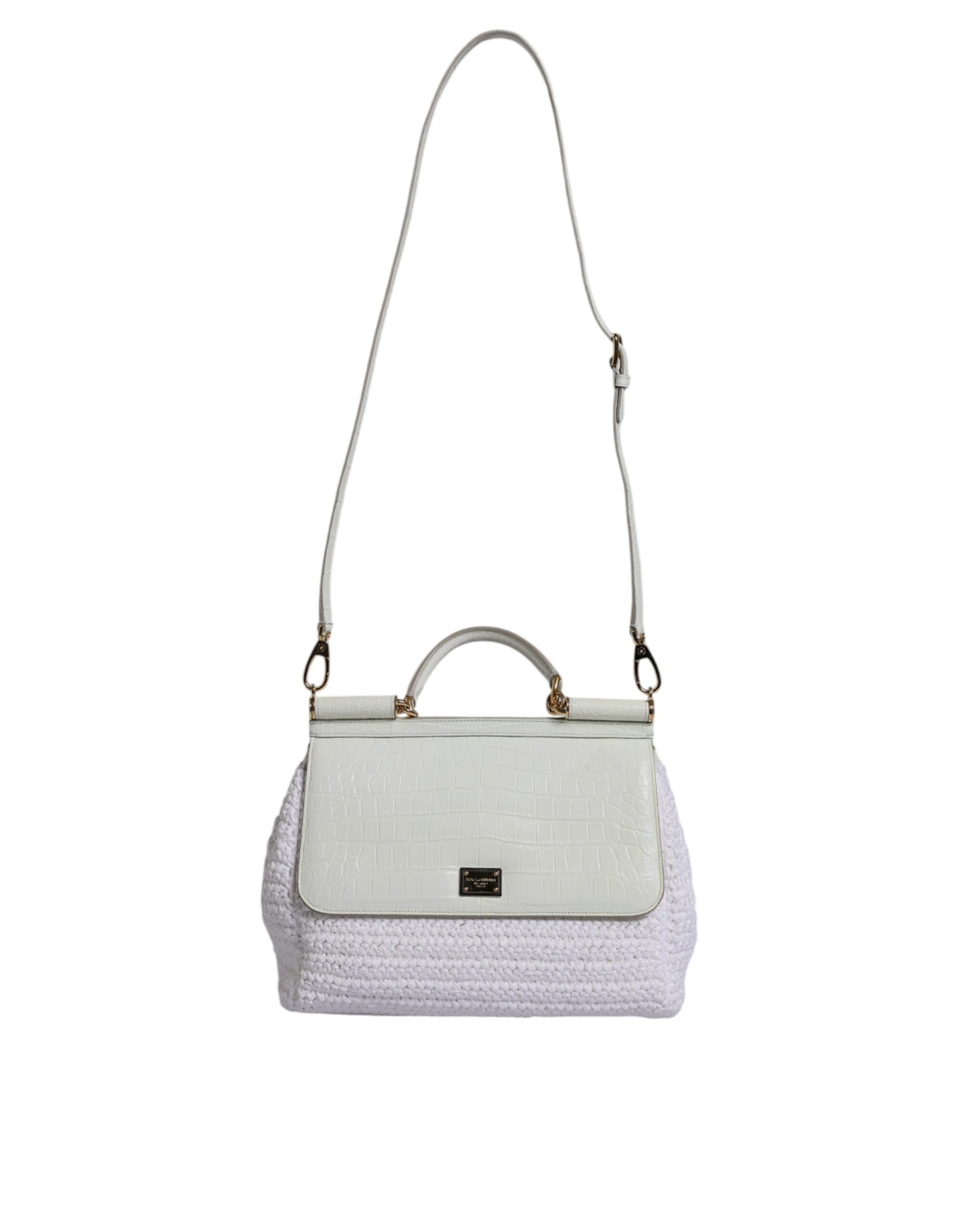 Dolce &amp; Gabbana White Rafia Leather Top Handle Crossbody Bag