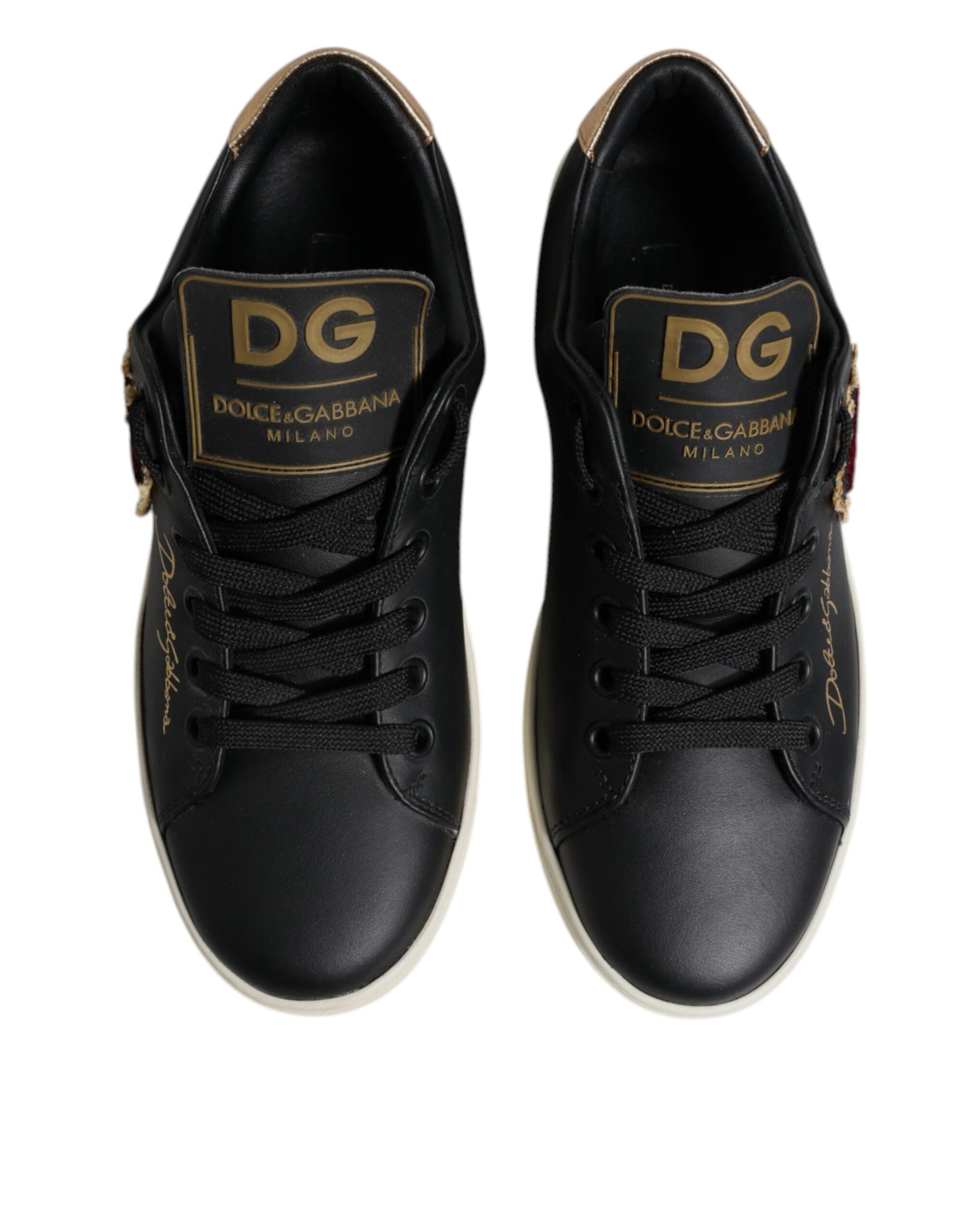 Dolce &amp; Gabbana Black Leather Gold Red Heart Sneakers Shoes