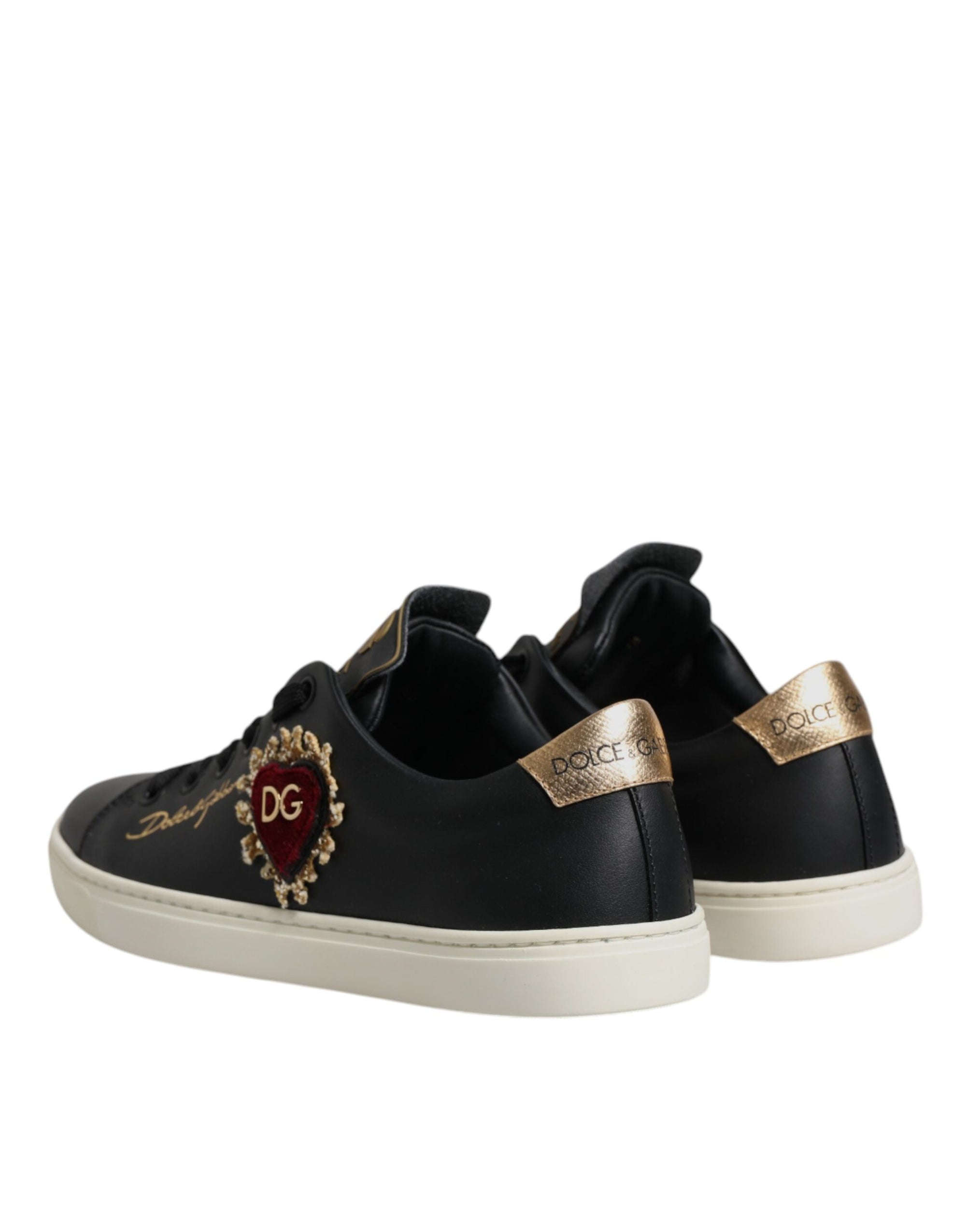 Dolce &amp; Gabbana Black Leather Gold Red Heart Sneakers Shoes