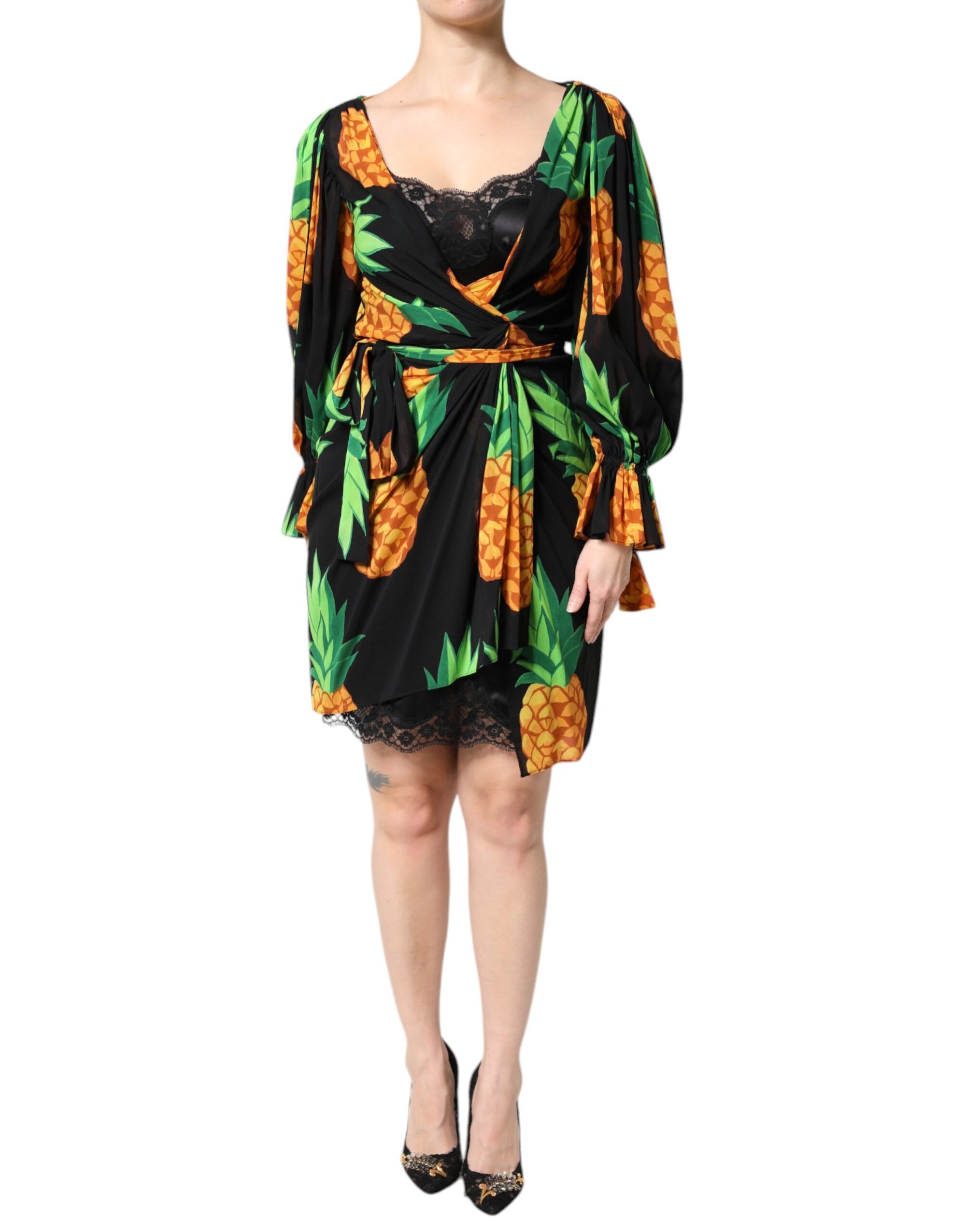 Dolce &amp; Gabbana Black Silk Pineapple Draped Print Wrap Dress