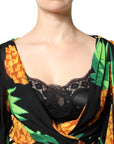 Dolce & Gabbana Black Silk Pineapple Draped Print Wrap Dress