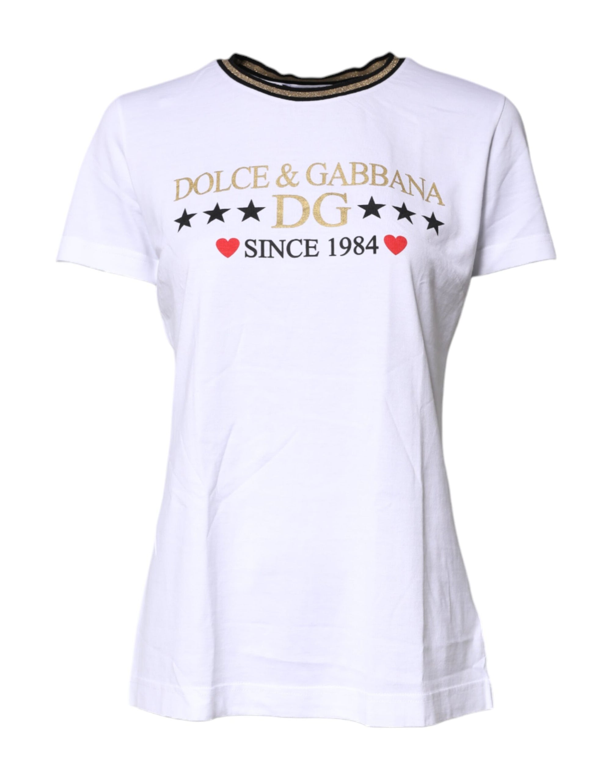 Dolce &amp; Gabbana White Printed Round Neck Top Cotton T-shirt