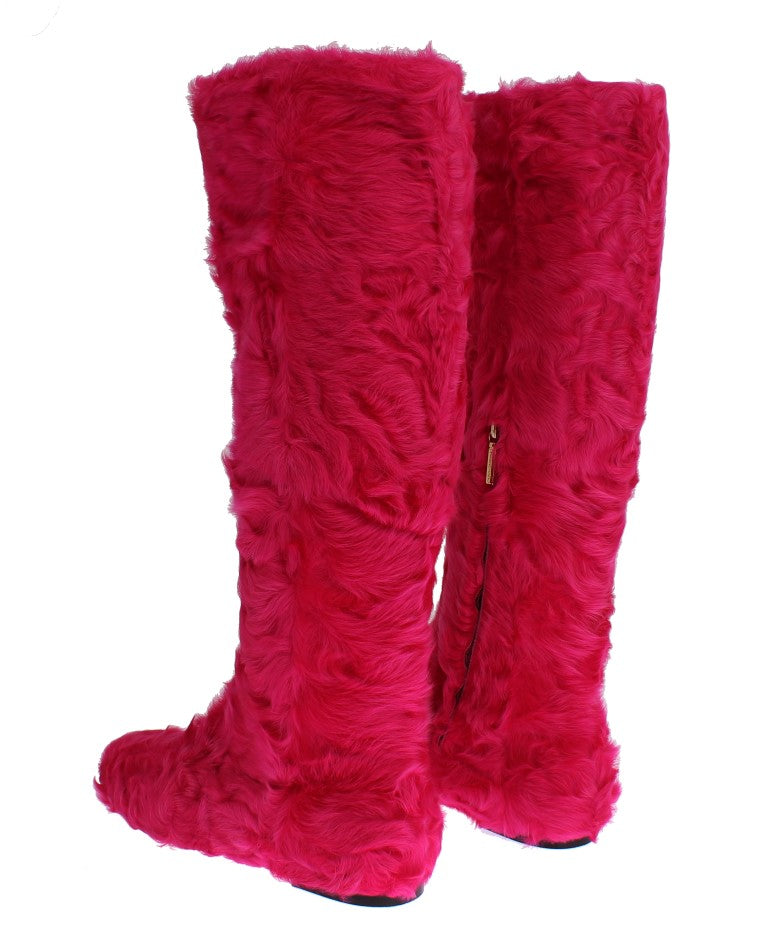 Dolce &amp; Gabbana Pink Lamb Fur Leather Flat Boots